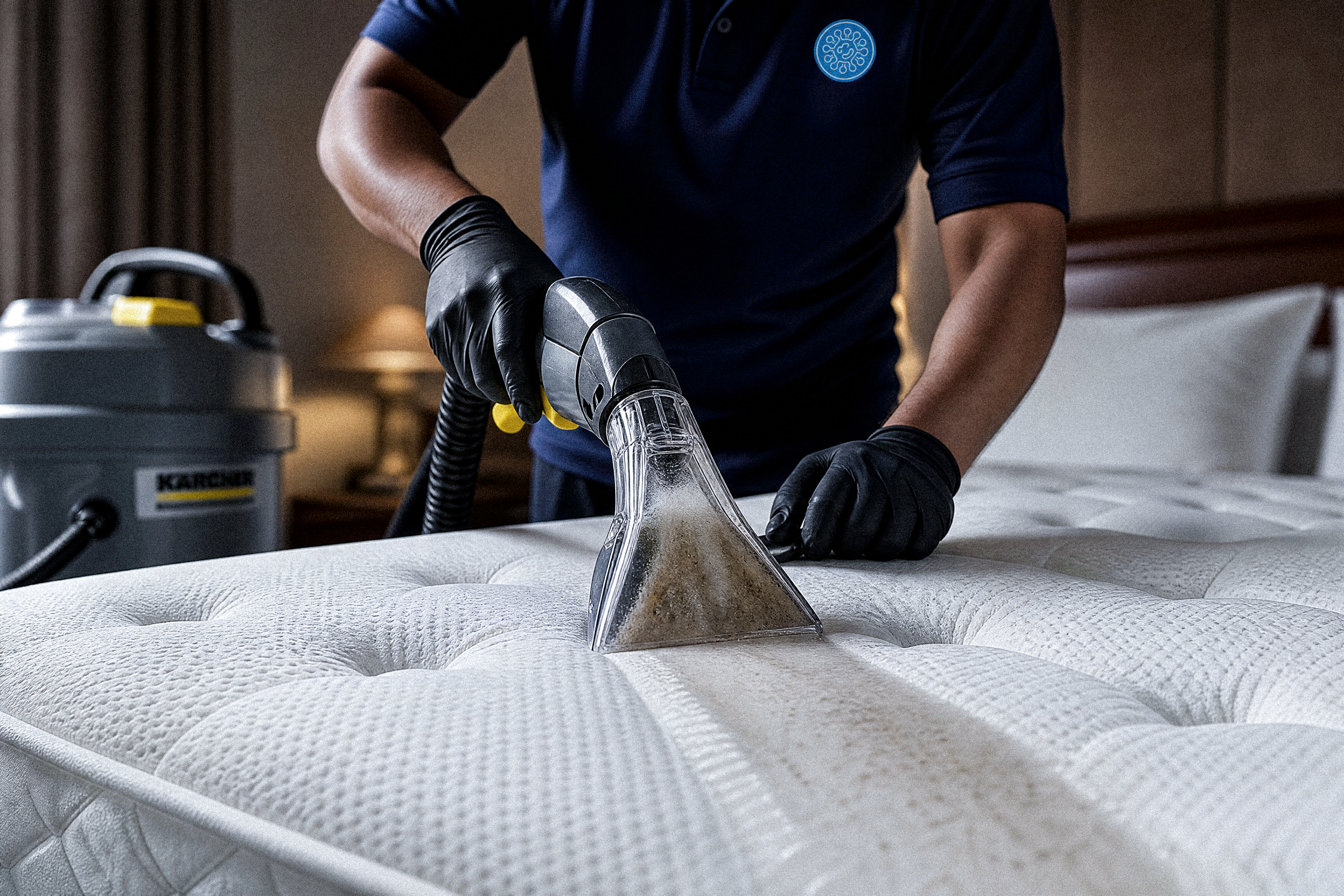 Person wearing black gloves using a vacuum cleaner to clean a white, textured mattress.