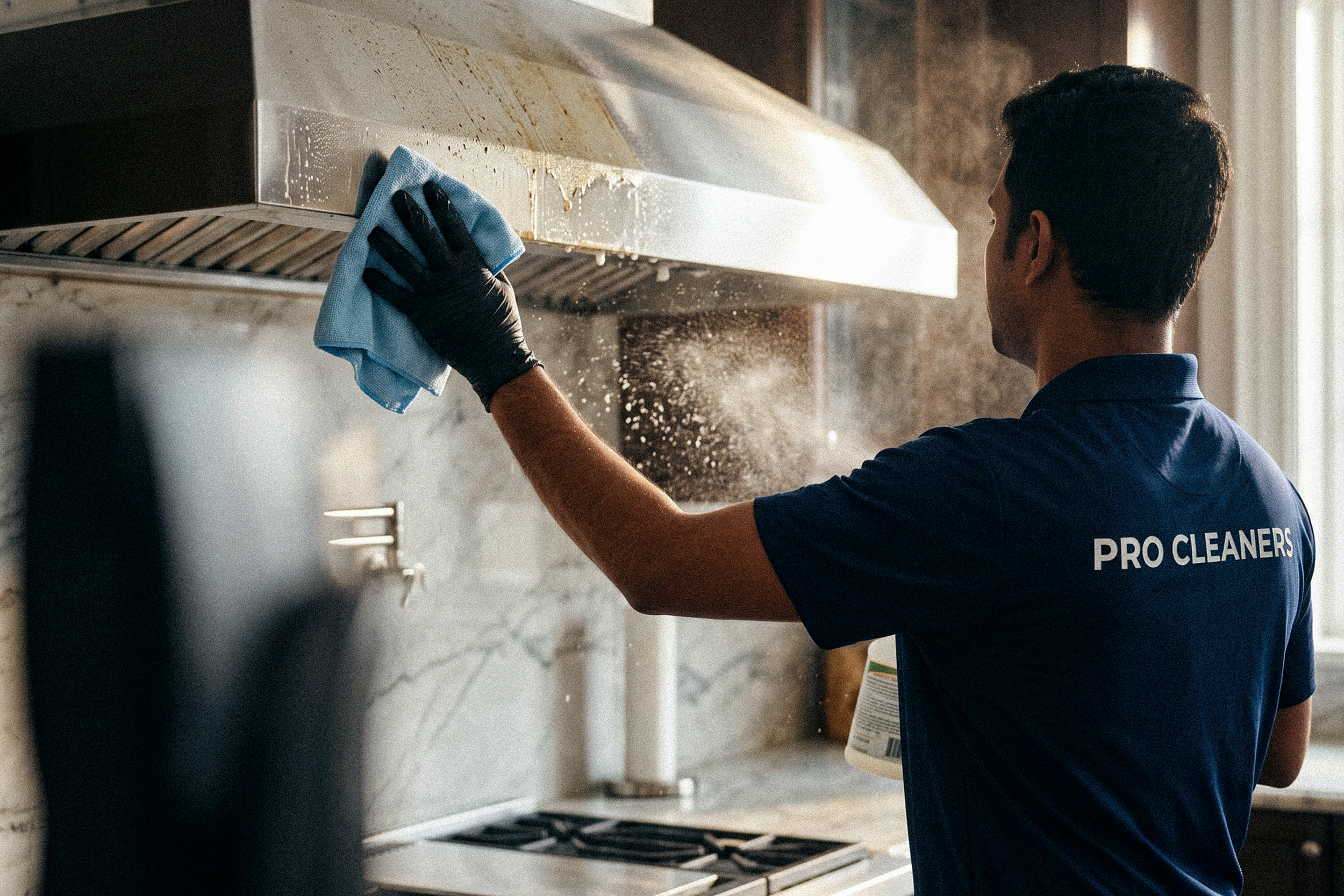 A professional cleaner wearing black gloves and a blue shirt labeled 'PRO CLEANERS' is wiping a kitchen range hood with a blue cloth in a well-lit kitchen.
