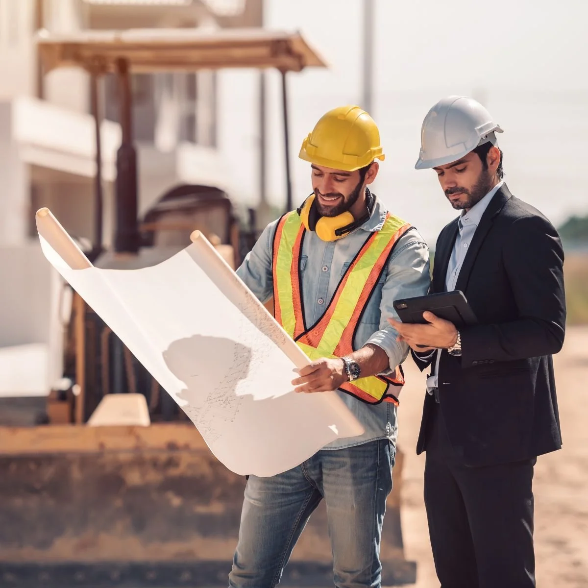 Two men in beards with hard hats looking at tablet and blueprints