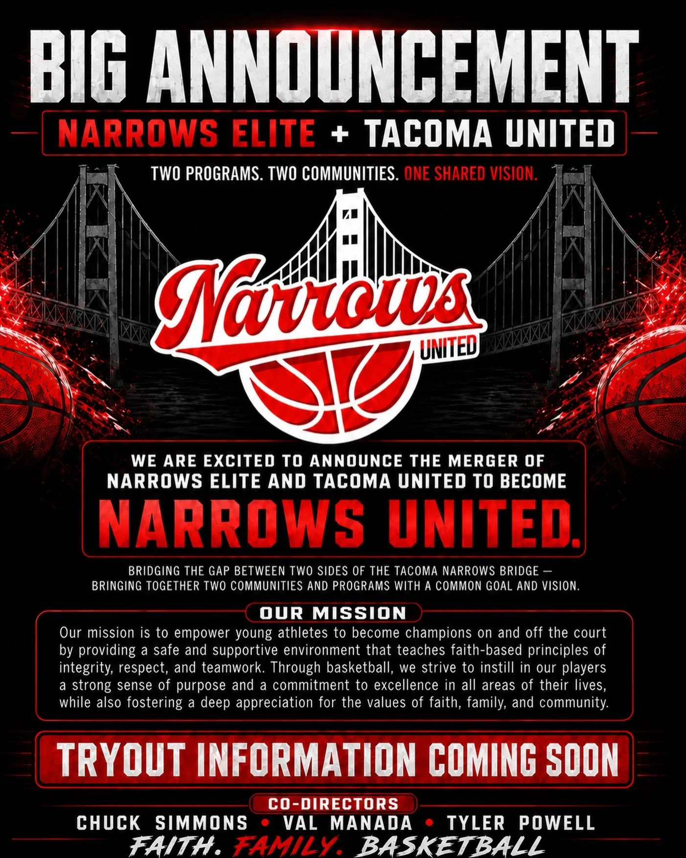 Narrows Elite and Tacoma United are officially joining forces to become NARROWS UNITED.

Two programs. Two communities. One shared vision. We&rsquo;re bridging the gap across the Tacoma Narrows and building something bigger for our athletes&mdash;roo