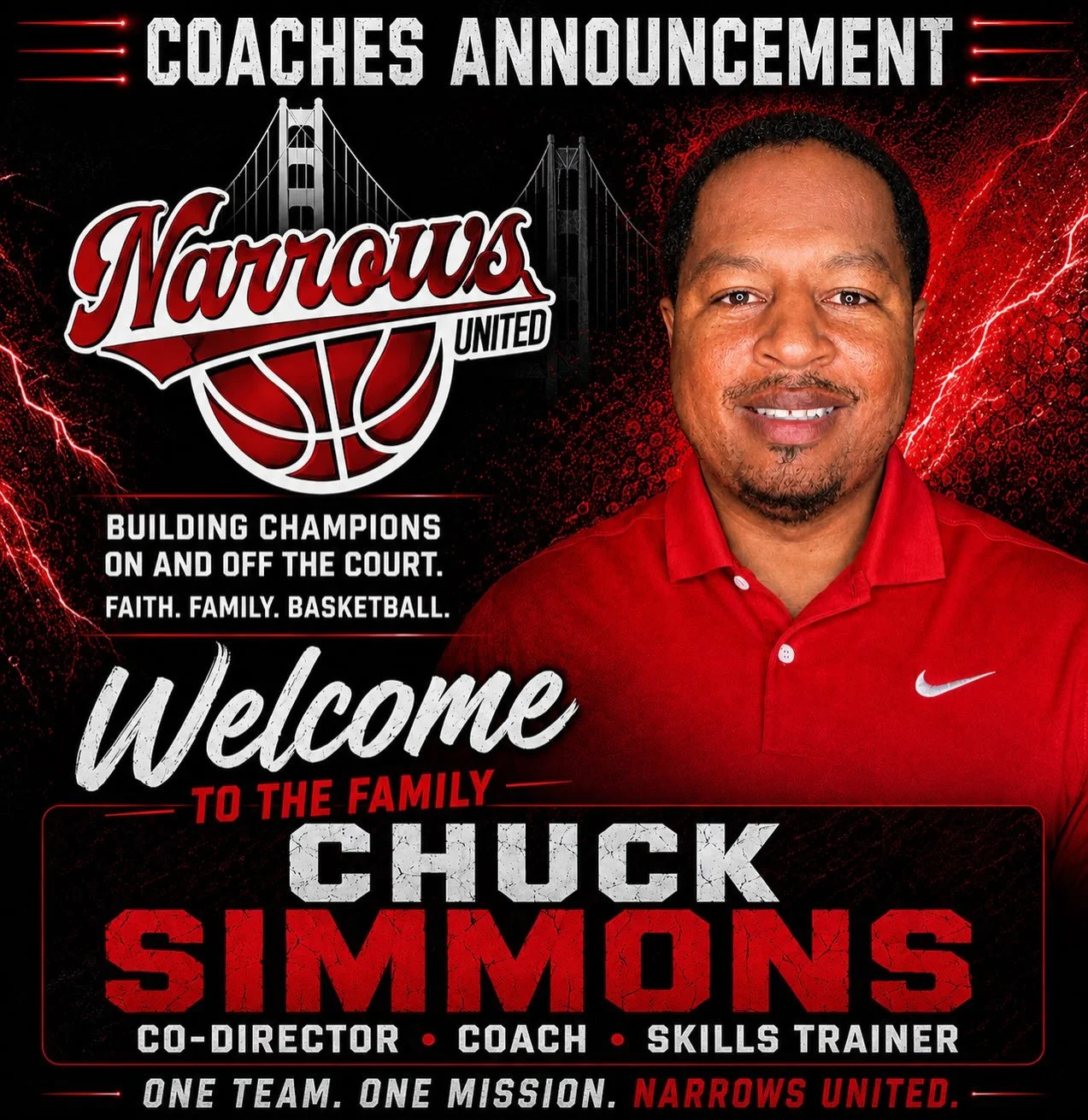 We&rsquo;re excited to welcome Chuck Simmons to the Narrows United family! 🔴⚫️🏀

Chuck joins us as Co-Director, Coach &amp; Skills Trainer, bringing a passion for developing players both on and off the court.

Big things ahead for Narrows United!

