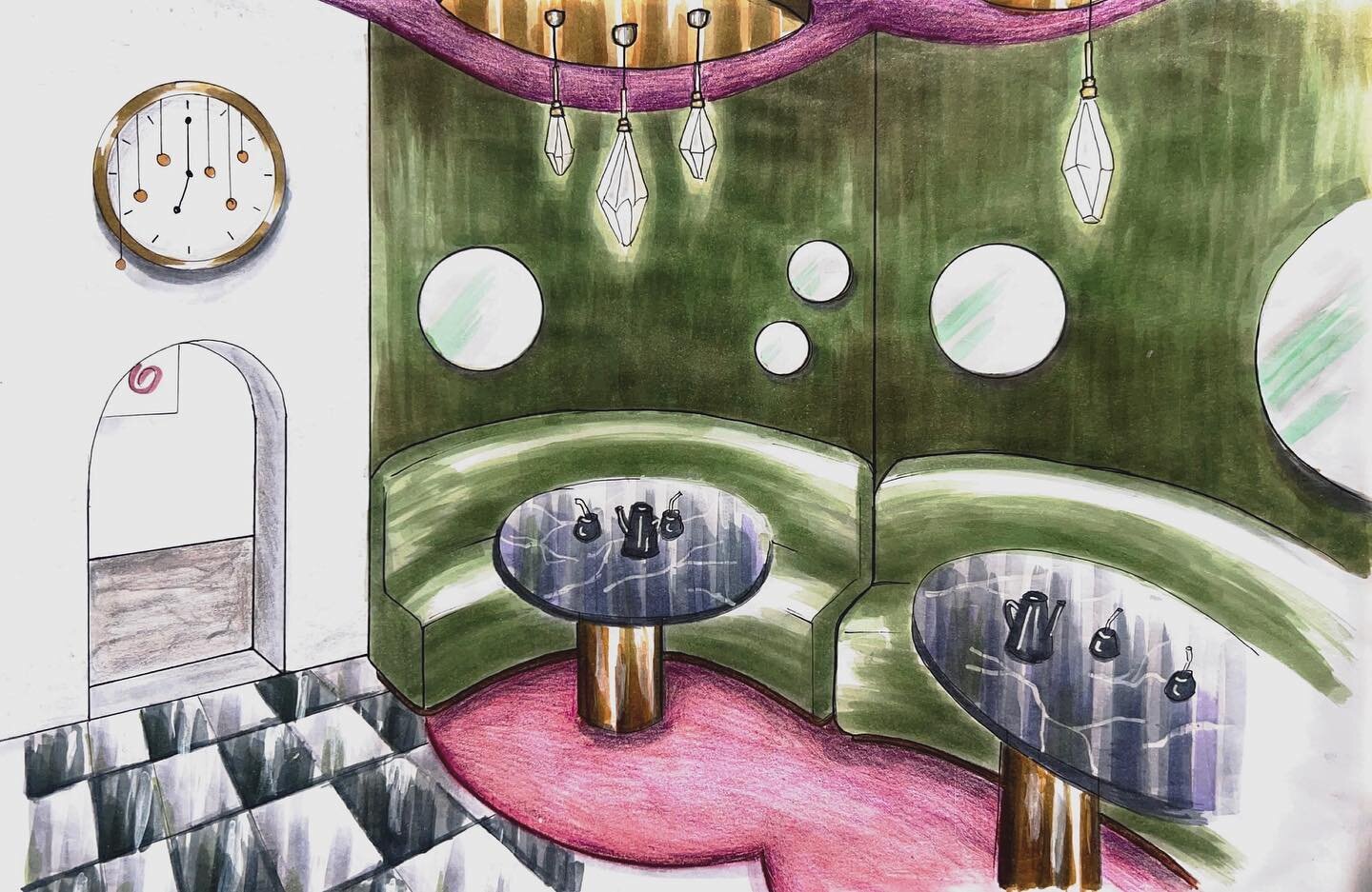 Marker rendering of an art gallery space with a Yerba mate 🧉 lounge 🖼️ 

#interiordesign #ceramics #dise&ntilde;ointerior #cer&aacute;mica #mate #yerbamate #argentina #dise&ntilde;adoraargentina #scadstudent #scad