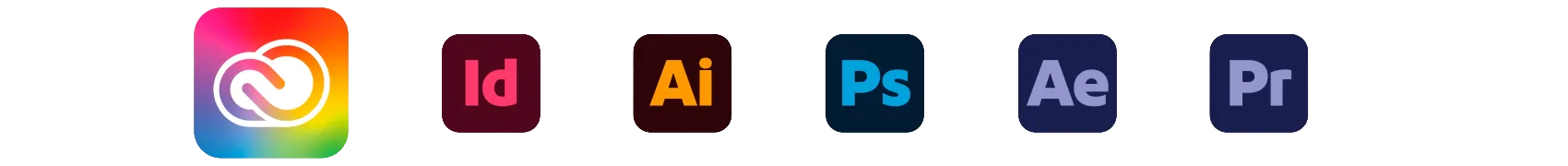 Icons of Adobe Creative Cloud applications including Adobe Creative Cloud, Adobe InDesign, Adobe Illustrator, Adobe Photoshop, Adobe After Effects, and Adobe Premiere Pro.