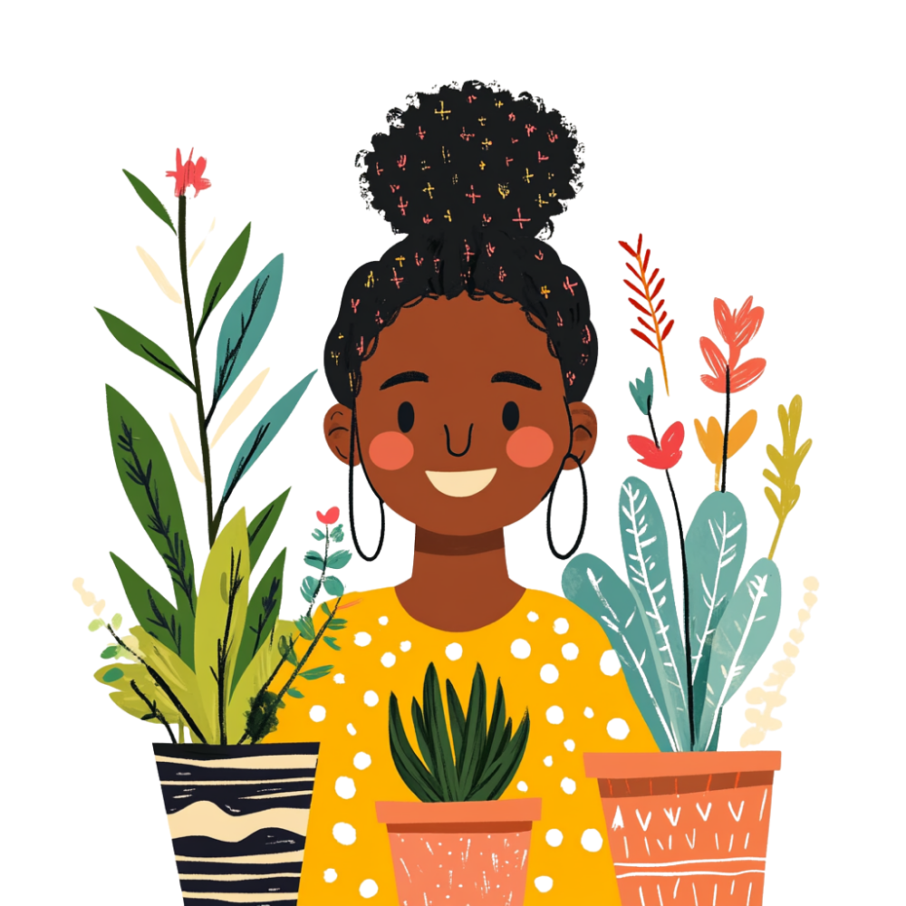 Illustration of a decorated bookshelf with various potted plants, books, and decorative items, surrounded by additional houseplants and a pink upholstered chair.