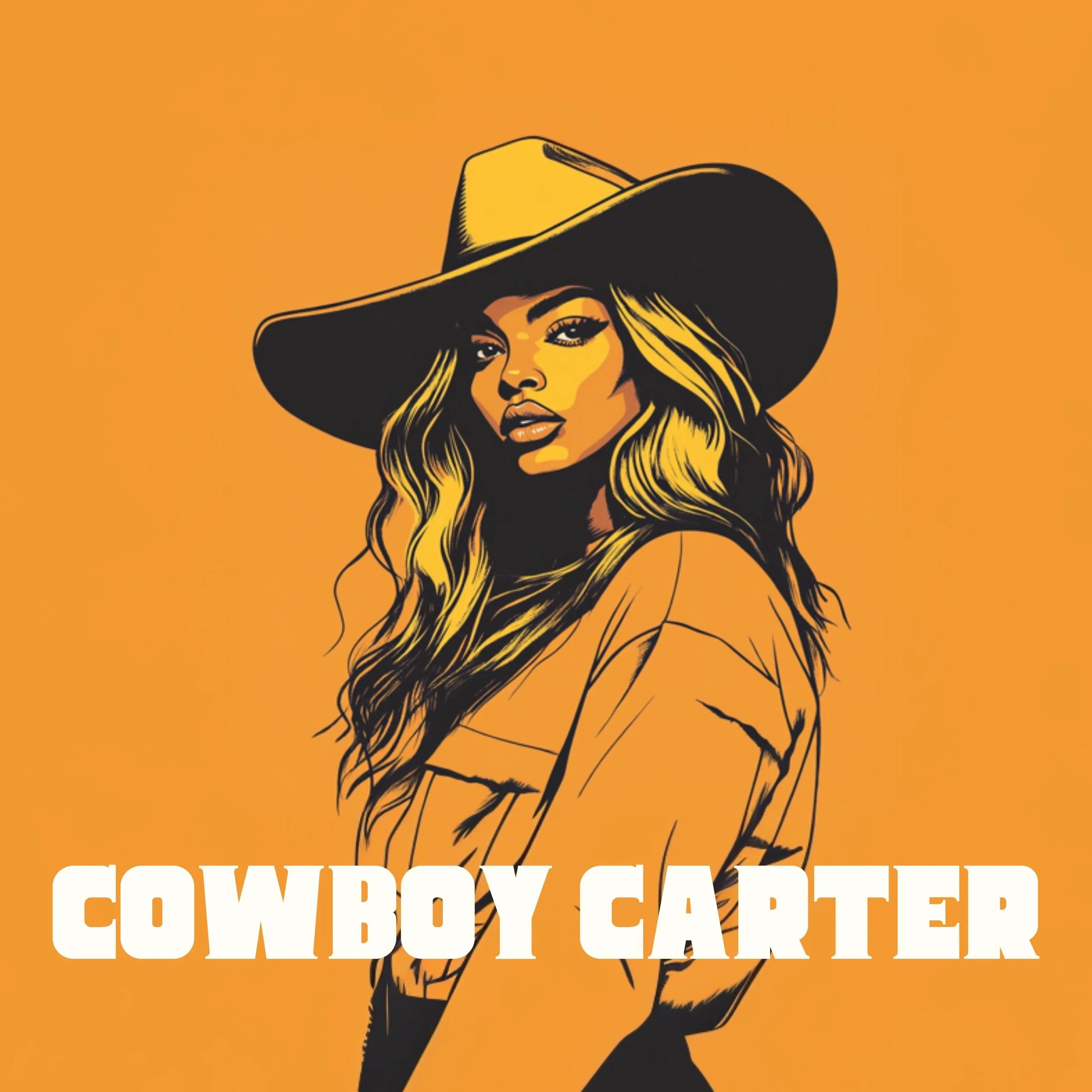 Stylized illustration of a woman with long wavy hair wearing a wide-brimmed hat and a casual shirt, with text 'Cowboy Carter' written across the bottom.