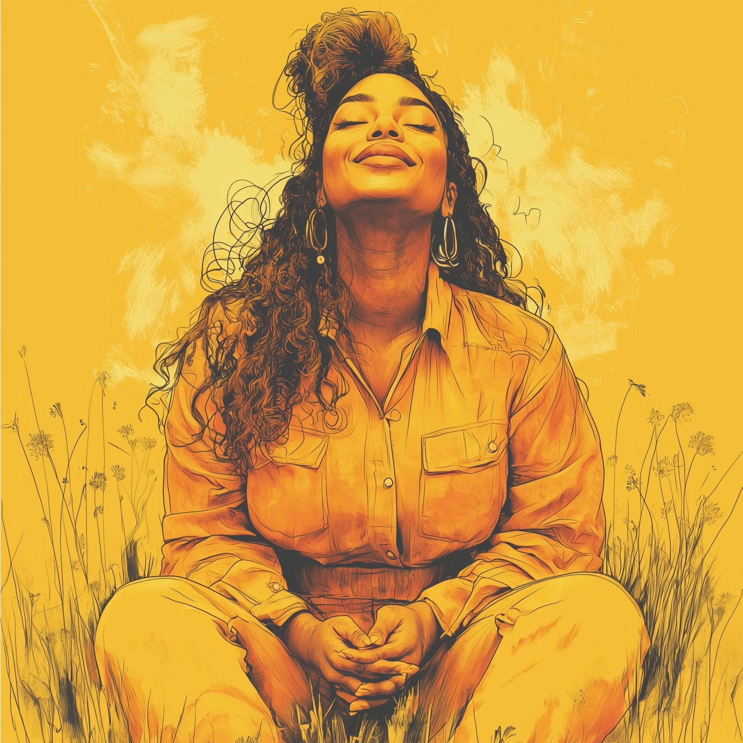 A digital illustration of a woman sitting outdoors with her eyes closed and a smile on her face, surrounded by grass and a yellow background.