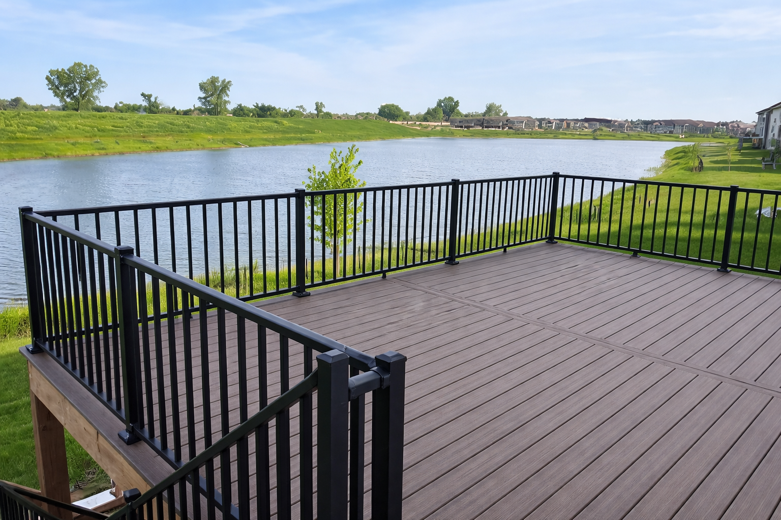 Outdoor composite deck with black metal railing overlooking a pond and green landscape with houses in the distance.