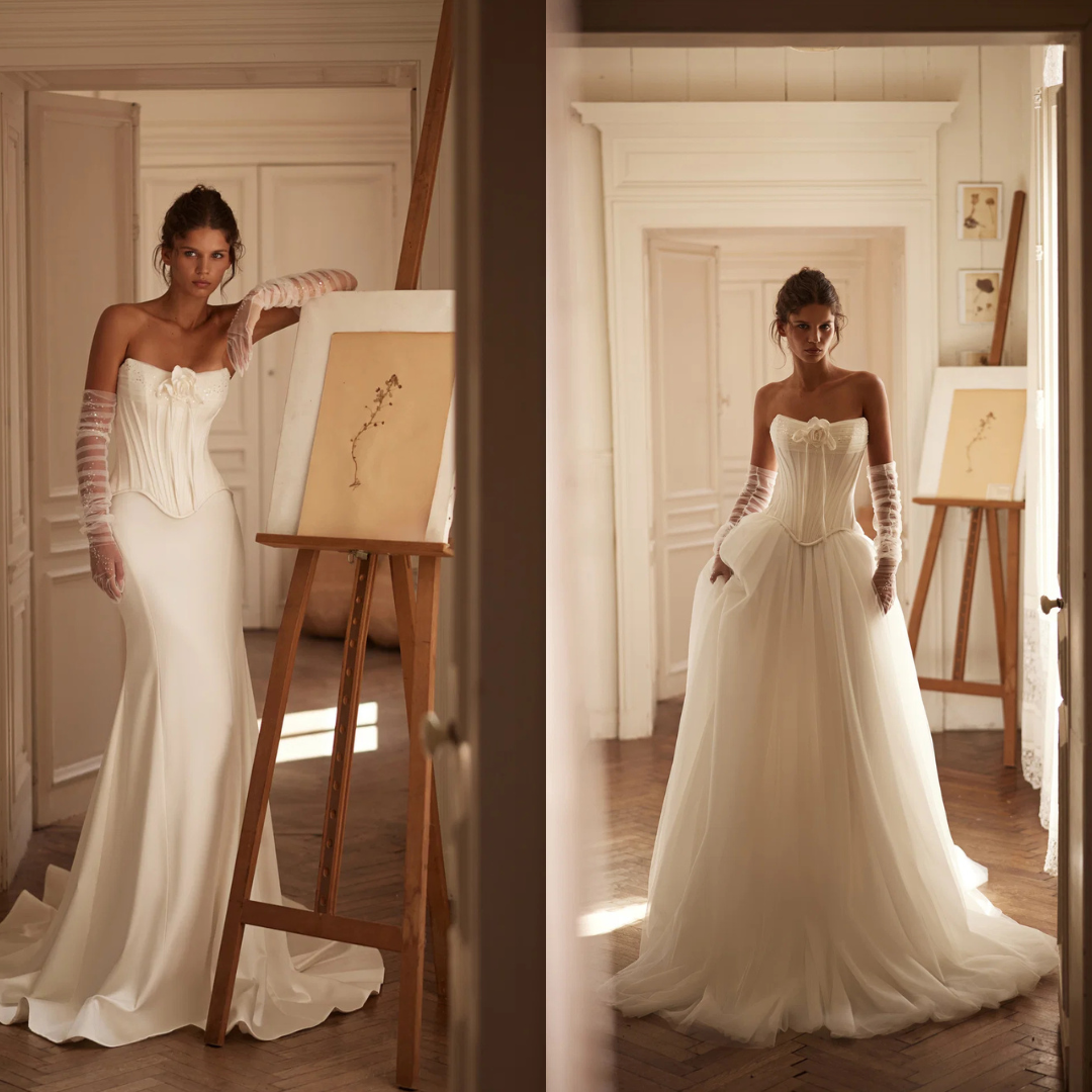Transformer wedding dress with fitted and aline skirts, Basque waist corset and gloves, Poesie by Luce Sposa