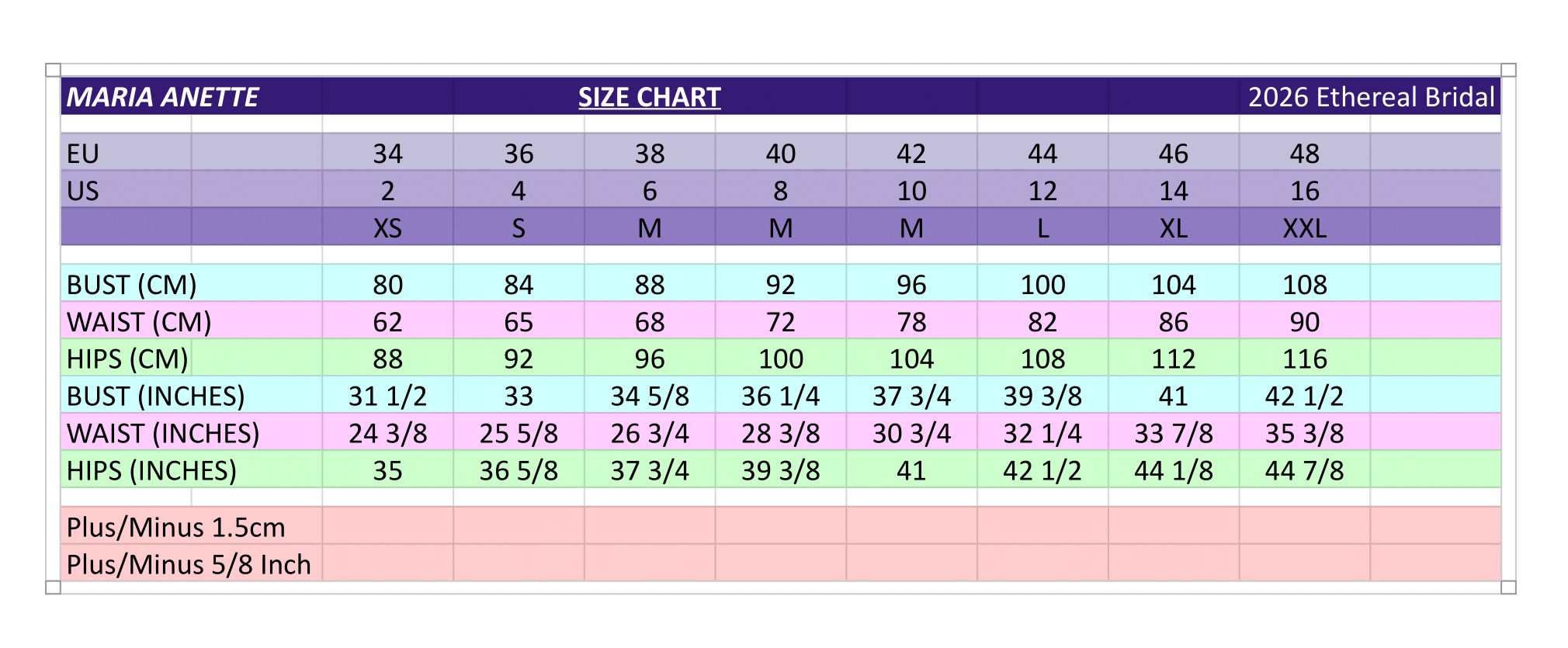 Maria Anette bridal sizing chart displaying US and EU dress sizes with bust, waist, and hip measurements in inches and centimetres