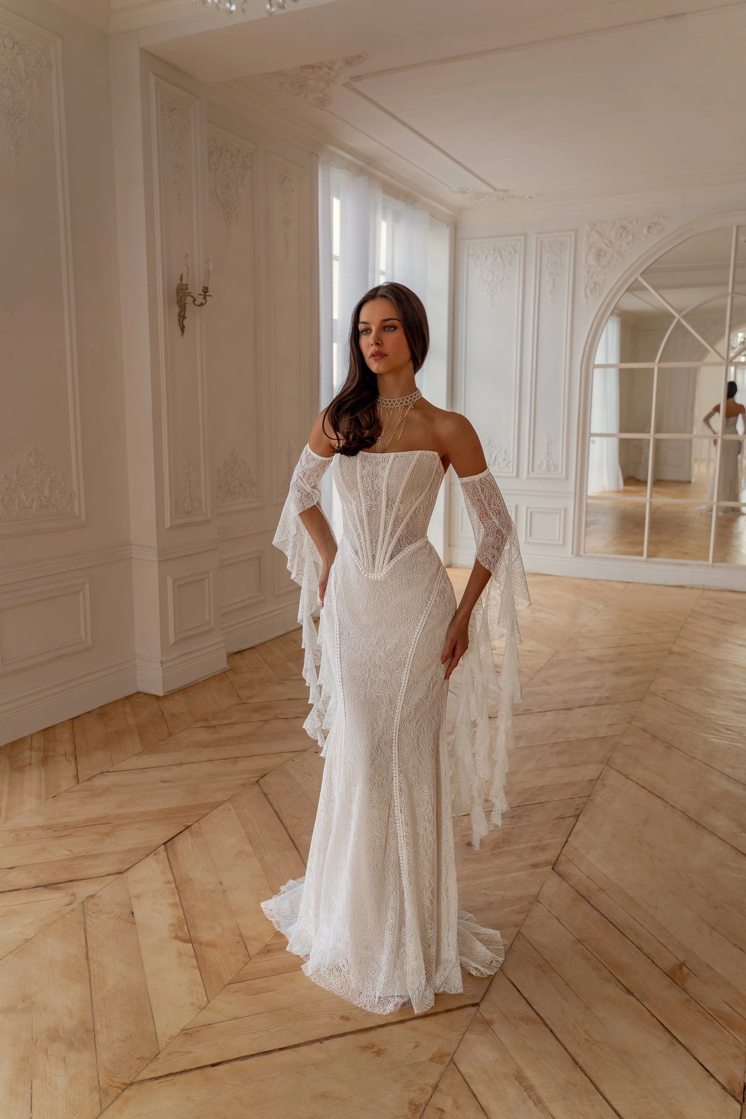 Starla lace wedding dress with basque waist and straight neckline, fitted silhouette front view