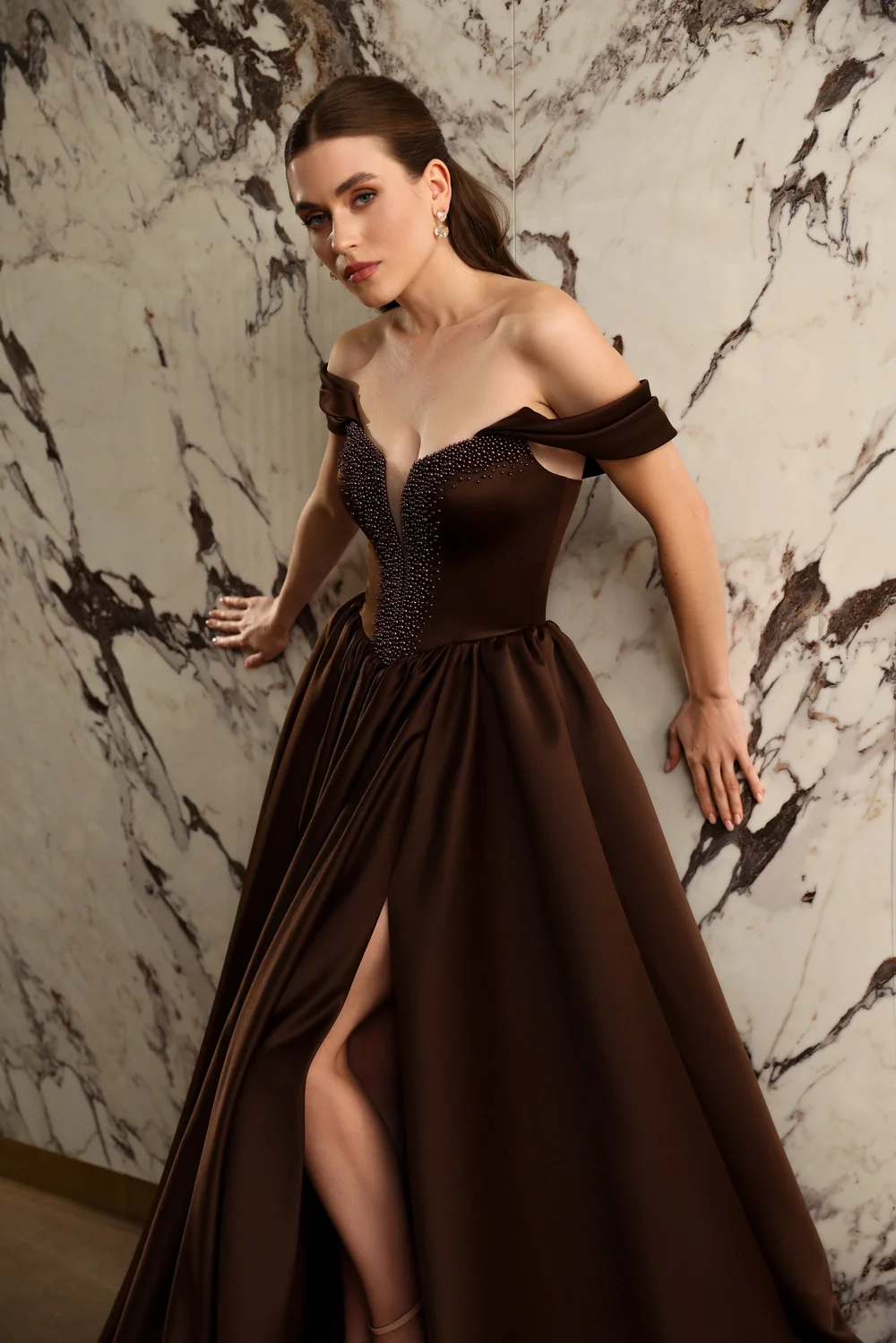 Luxury Brown Satin Evening Gown with Basque Waist