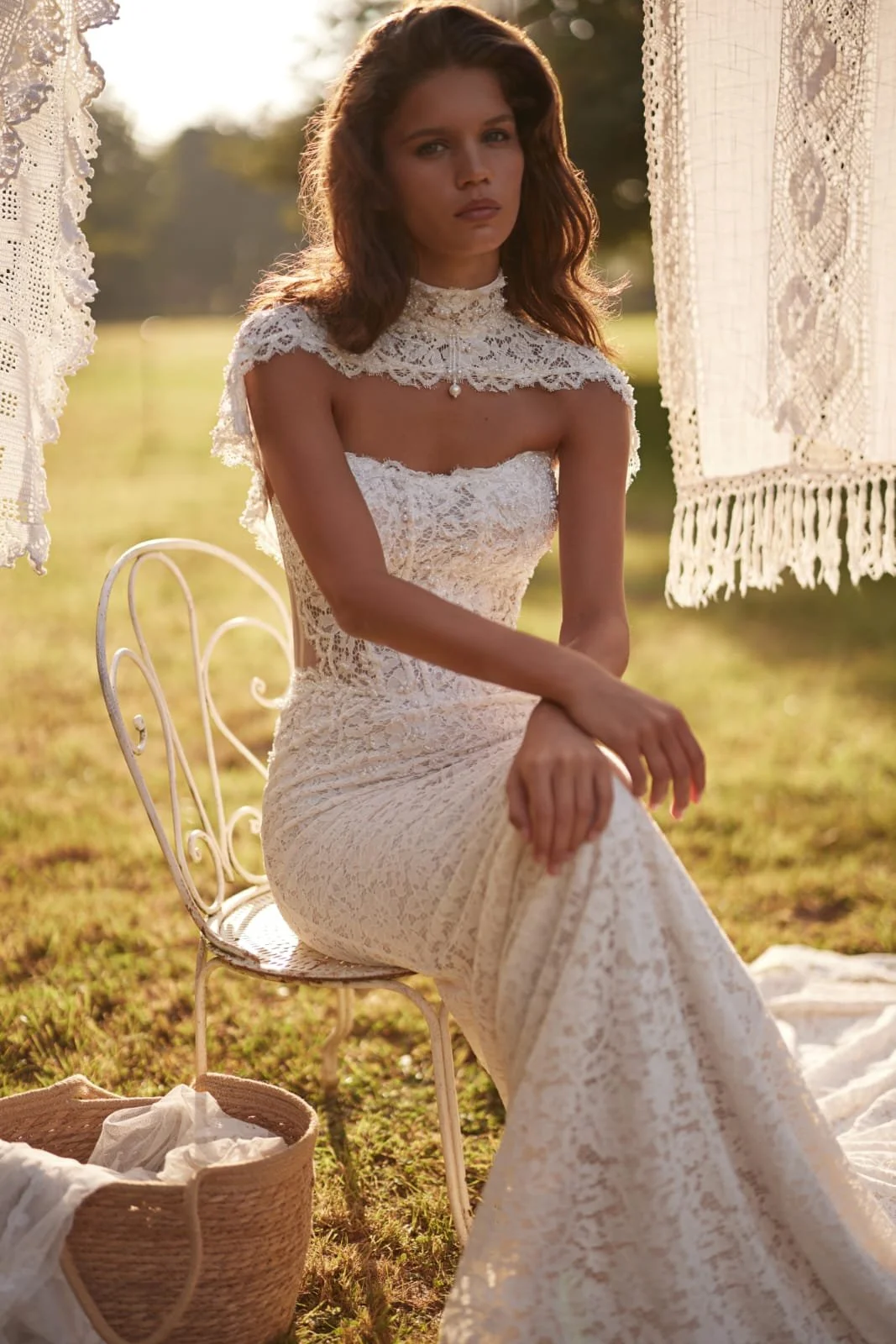 Close-up of LunaRose Chantilly lace bodice with sweetheart neckline and a matching bolero