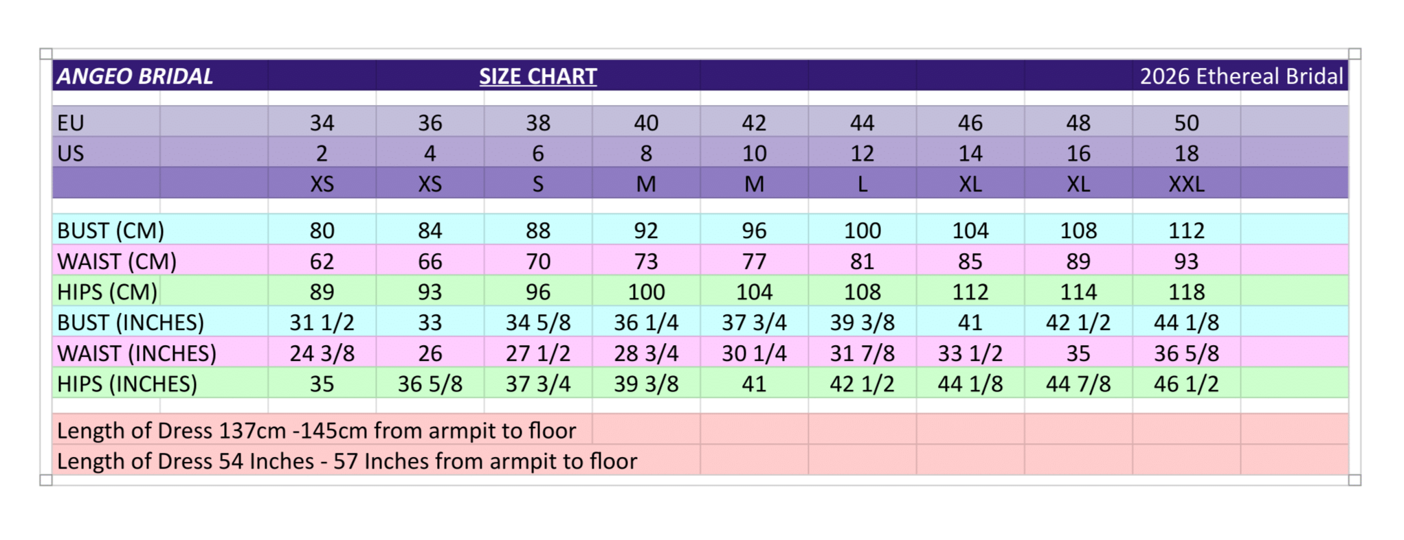 Angeo bridal sizing chart showing dress sizes in US and EU with bust, waist, and hip measurements in inches and centimetres