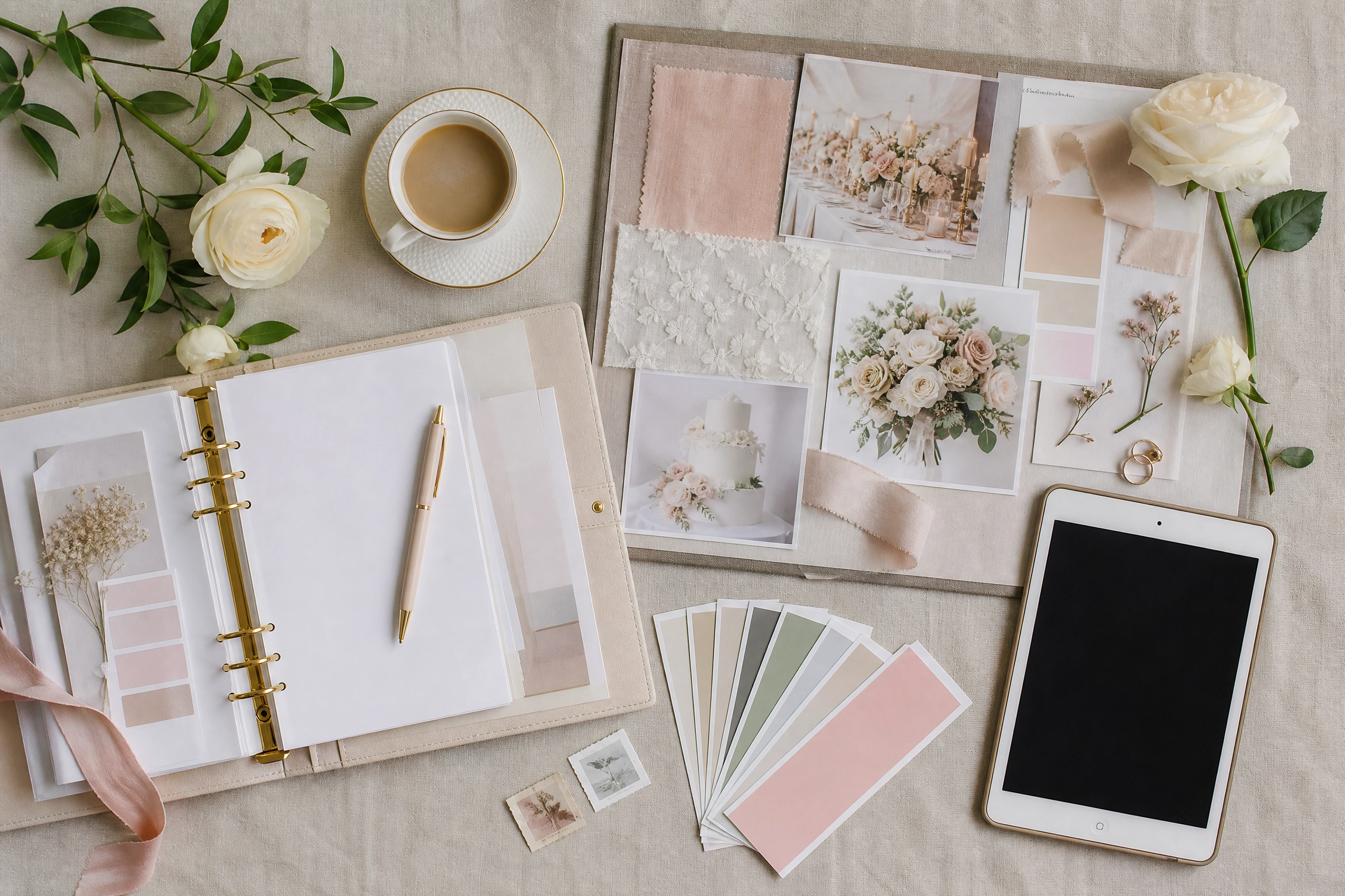 Wedding planning flat lay with an open planner and pen, fabric swatches, colour palette, floral inspiration photos, roses and coffee