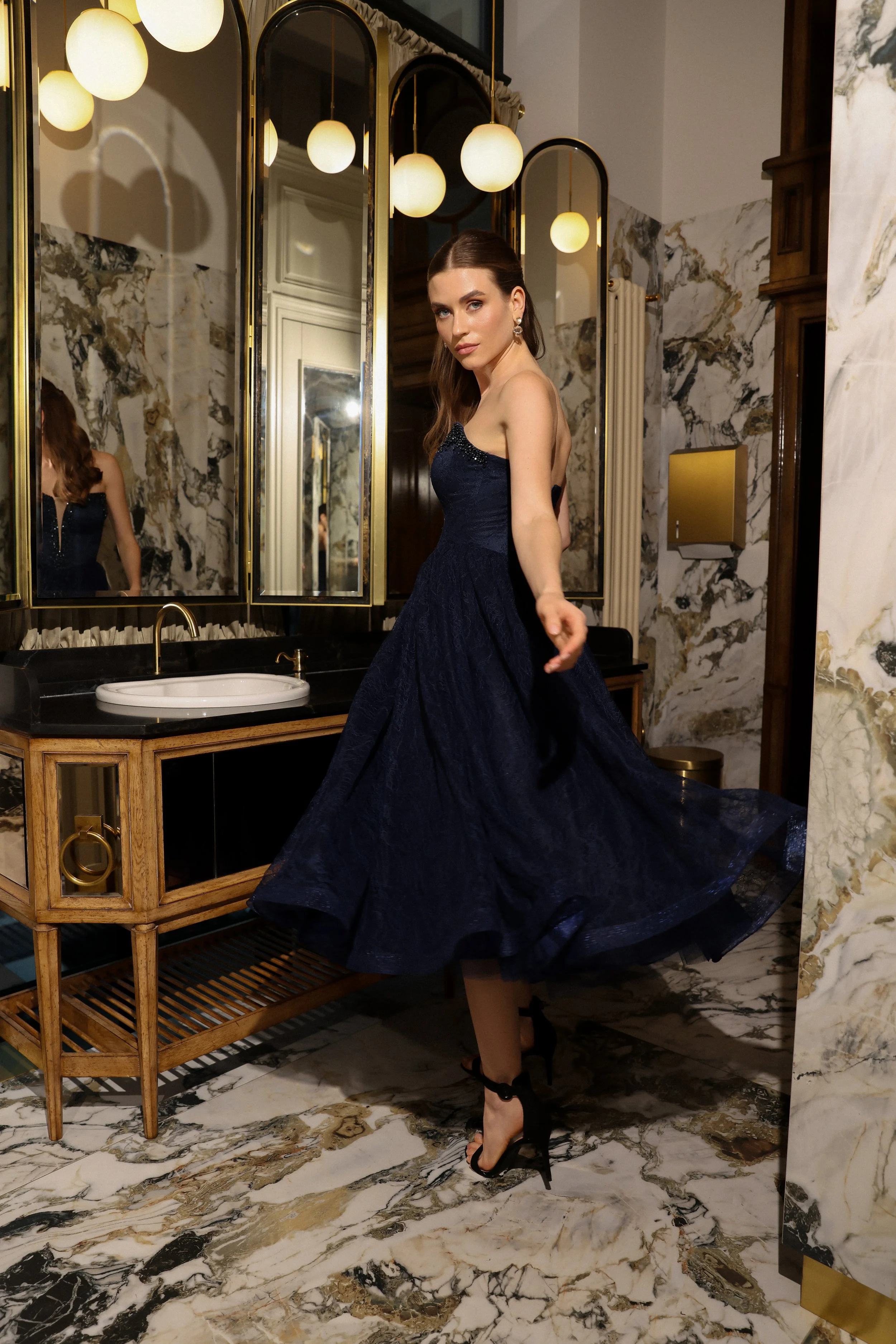 Designer Chantilly Navy Blue Lace Tea Length Dress