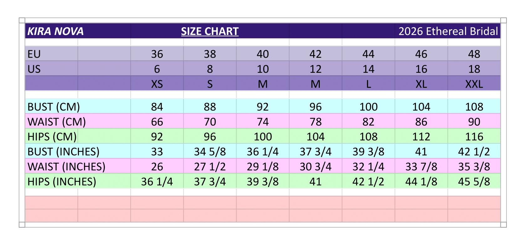 Kira Nova wedding dress sizing chart with US and EU sizes and measurements in inches and centimetres