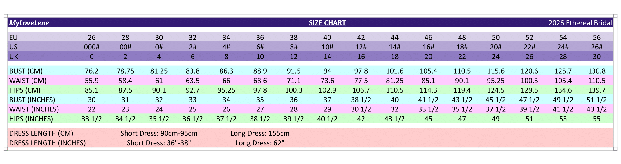My Love Lene Size Chart - Dresses