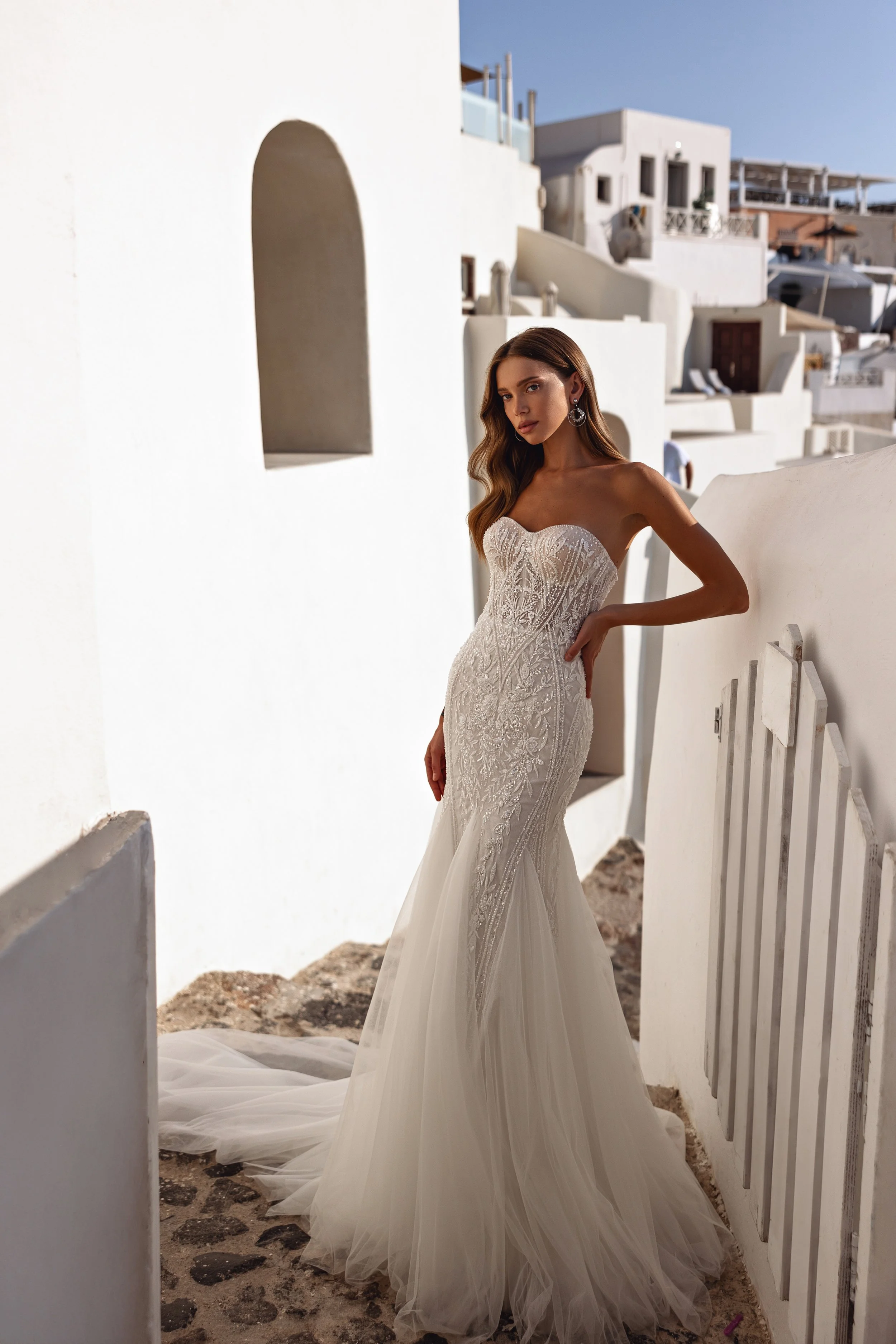 Intricate beading and embellishments on the bodice of a mermaid wedding dress.
