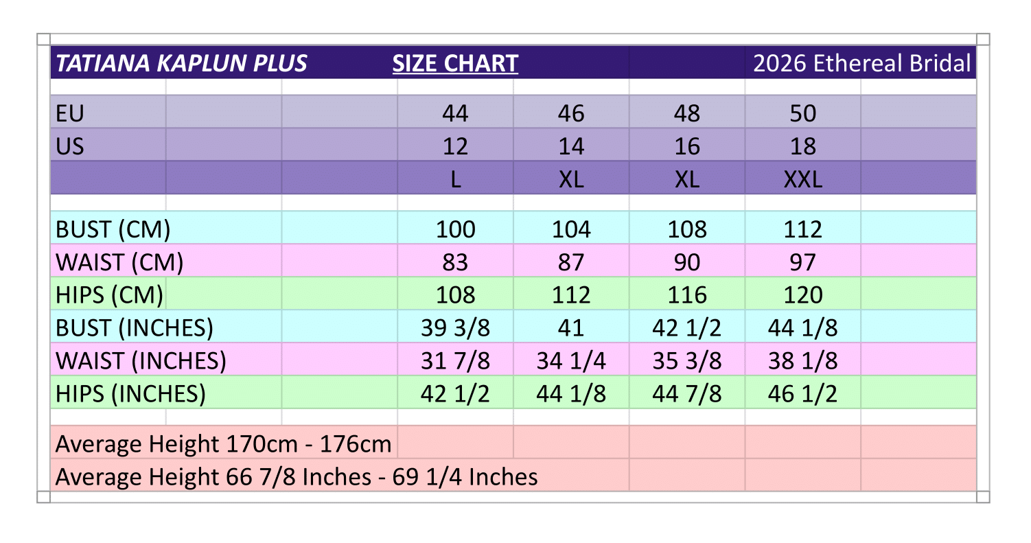 Tatiana Kaplun Plus size bridal sizing chart showing extended US and EU sizes with measurements in inches and centimetres