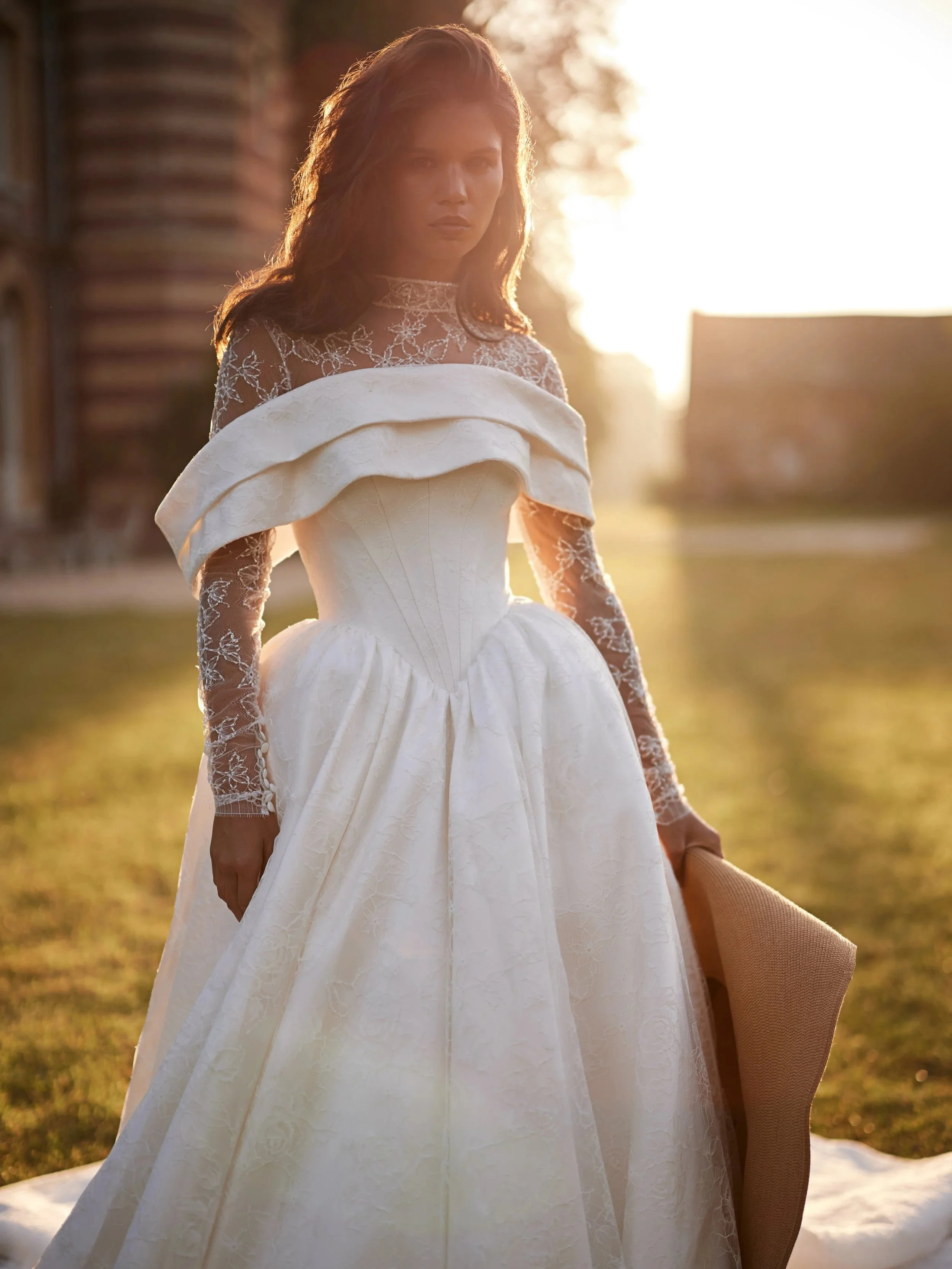 Bertil wedding dress by Luce Sposa, Basque waist with mikado and lace a-line skirt and a lace bolero.