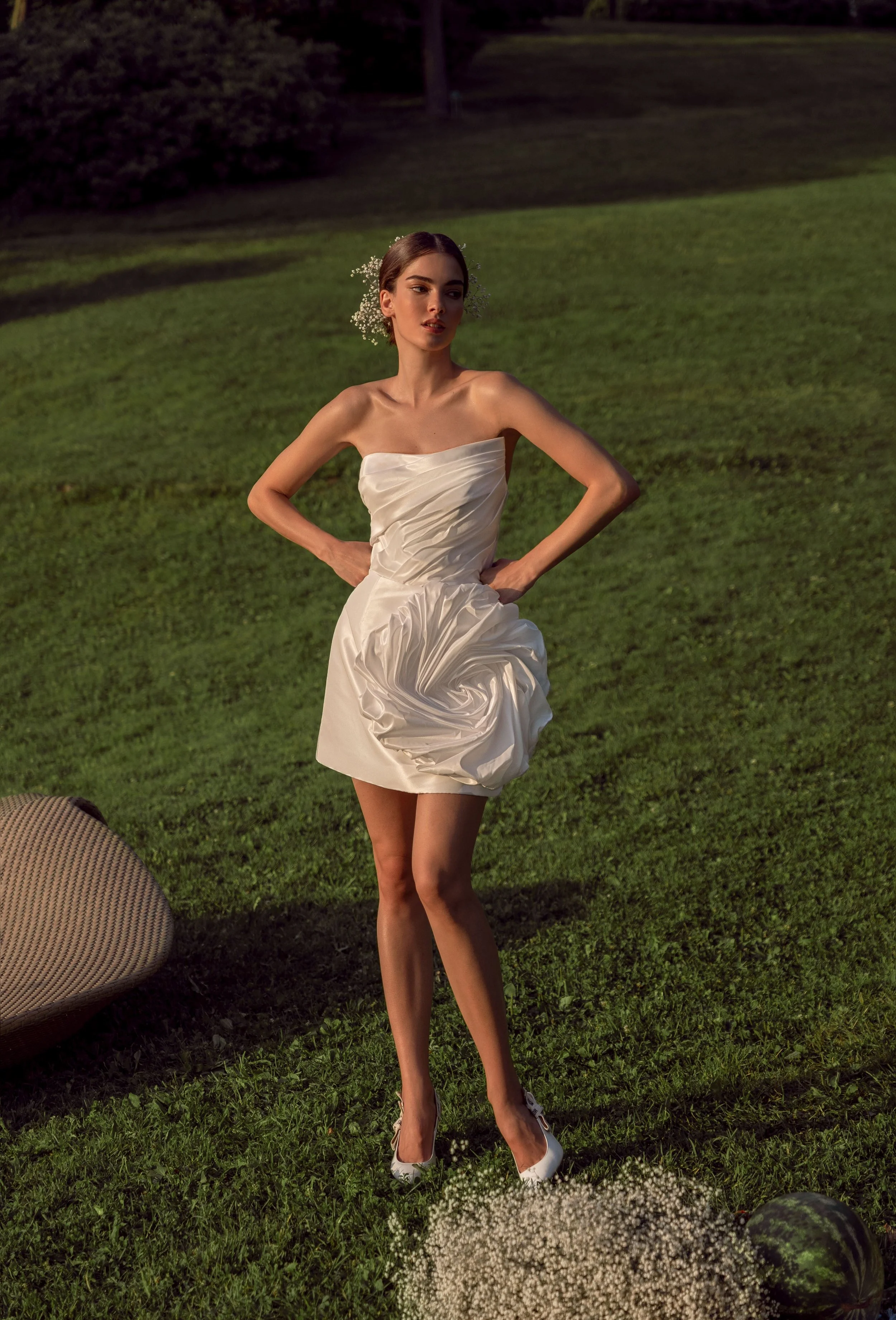 Front view of the Alessia mini wedding dress in taffeta without overskirt, featuring high-fashion floral skirt detail.