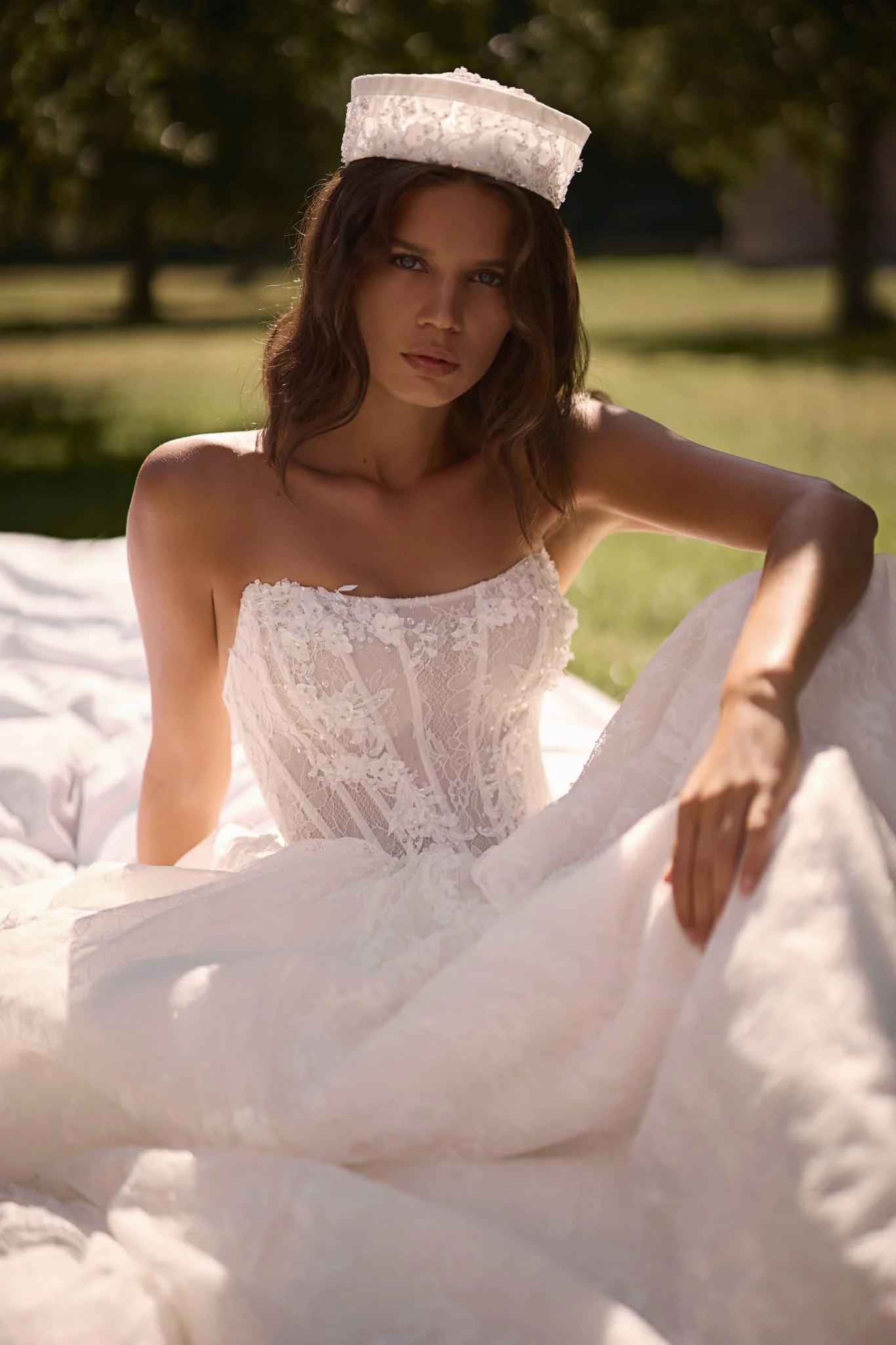 Liv nude Chantilly lace transformer wedding gown styled with matching lace bodysuit and couture lace hat