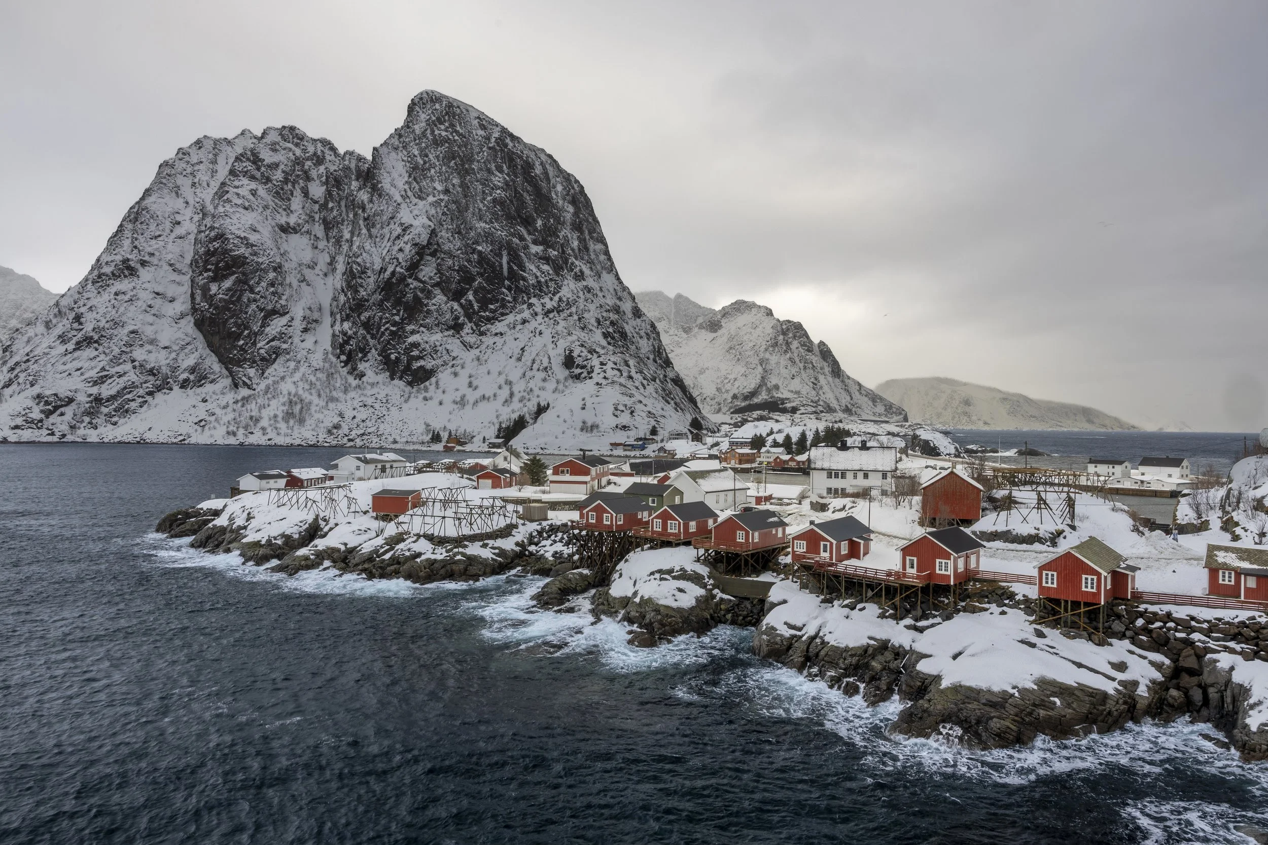 Hamnoy, Lofoten Island, Norway. 2026. This is a very popular photo point and the photo was taken on a long bridge with a little walking way. At time you would have 30 to 50 people taking pictures - dangerous with cars driving fast - and difficult to 
