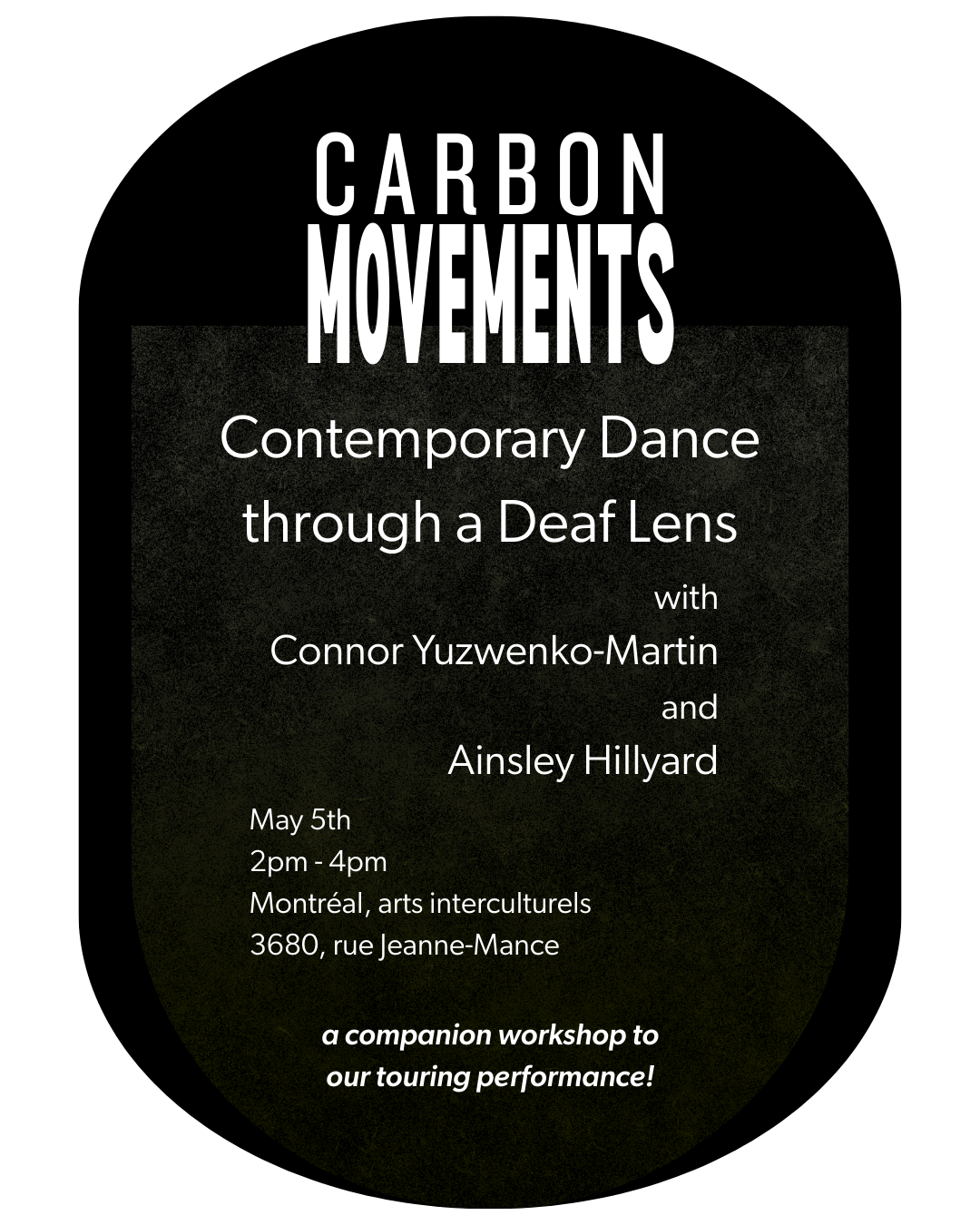 Black and white graphic in a pill shape with a textured inlay containing most of the text. All text info available in body text accompanying this image.