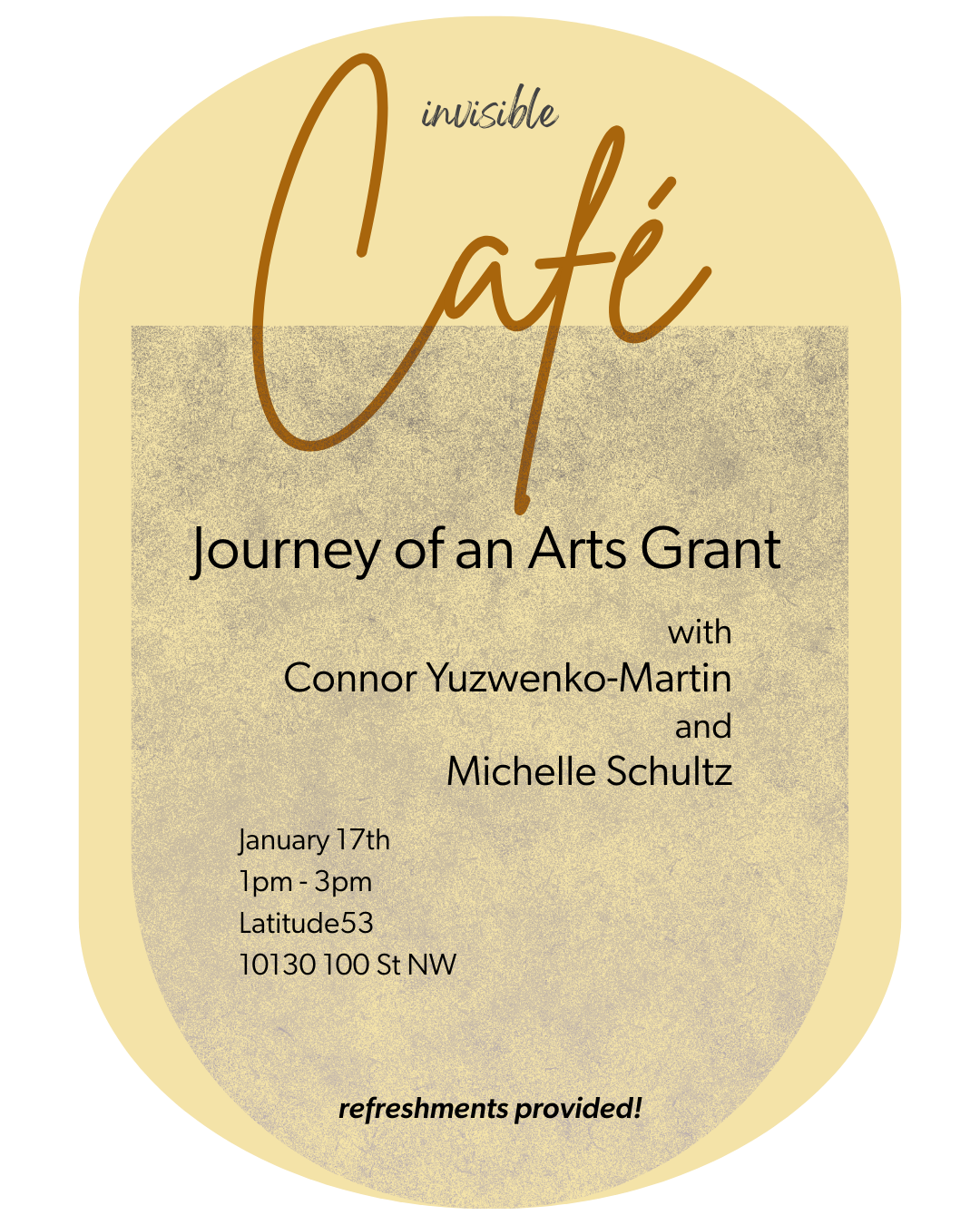 Creamy yellow graphic in a pill shape with a textured inlay containing most of the text. All text info available in body text accompanying this image.