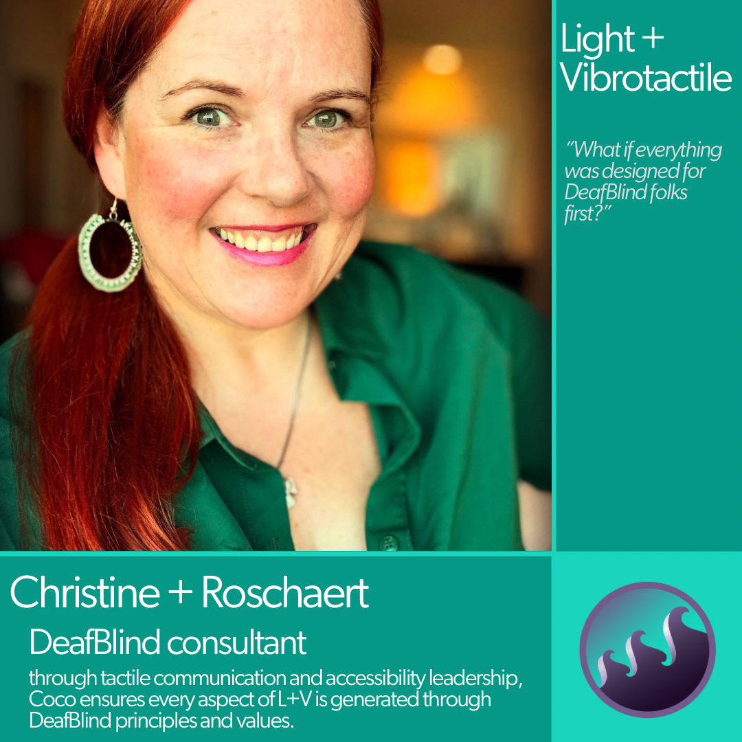 Coco is white and woman-presenting. She has red hair and wears medium sized sapphire and green hoop earrings and a silver angel necklace. She is wearing minimal makeup and an emerald green button down top.