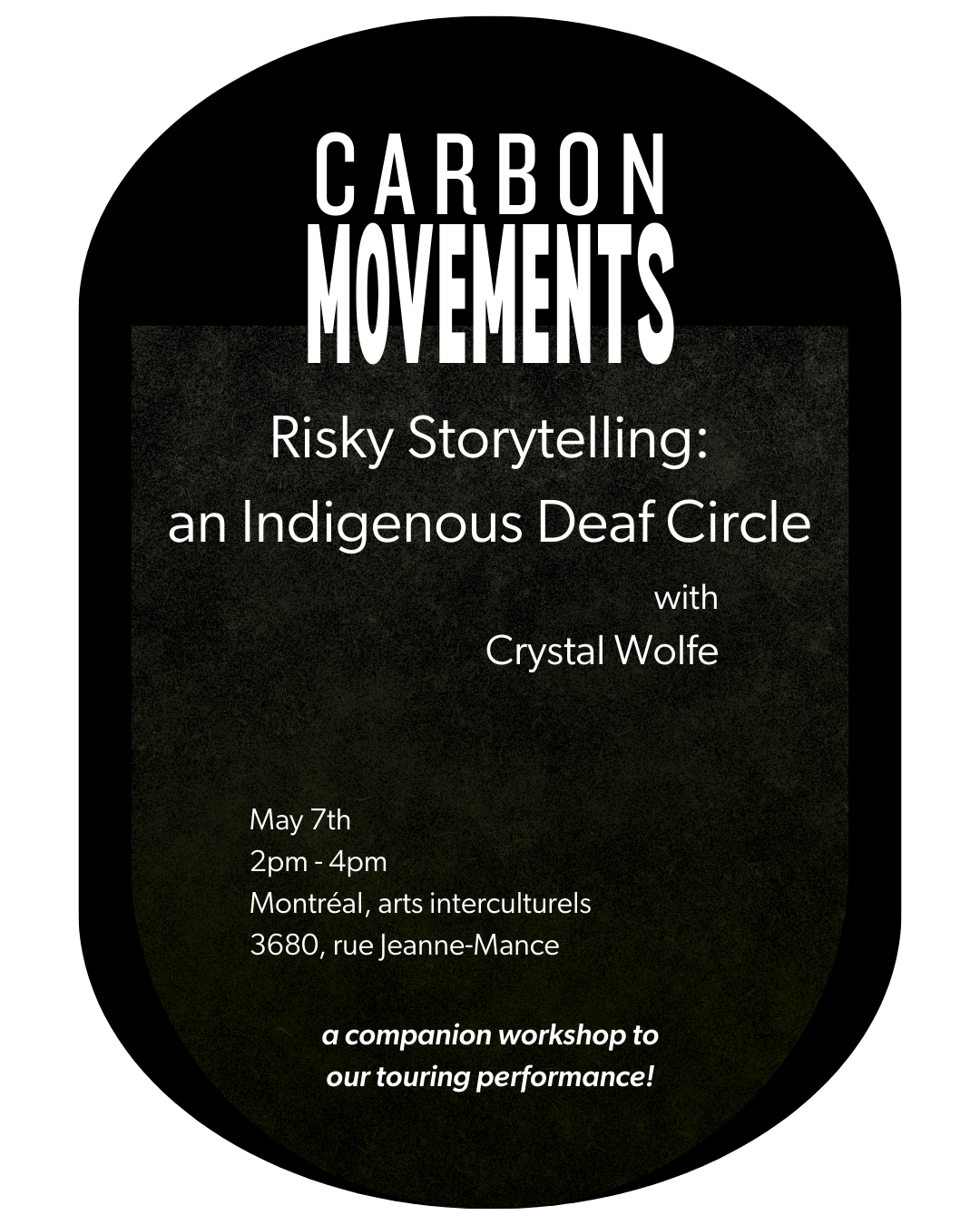 Black and white graphic in a pill shape with a textured inlay containing most of the text. All text info available in body text accompanying this image.