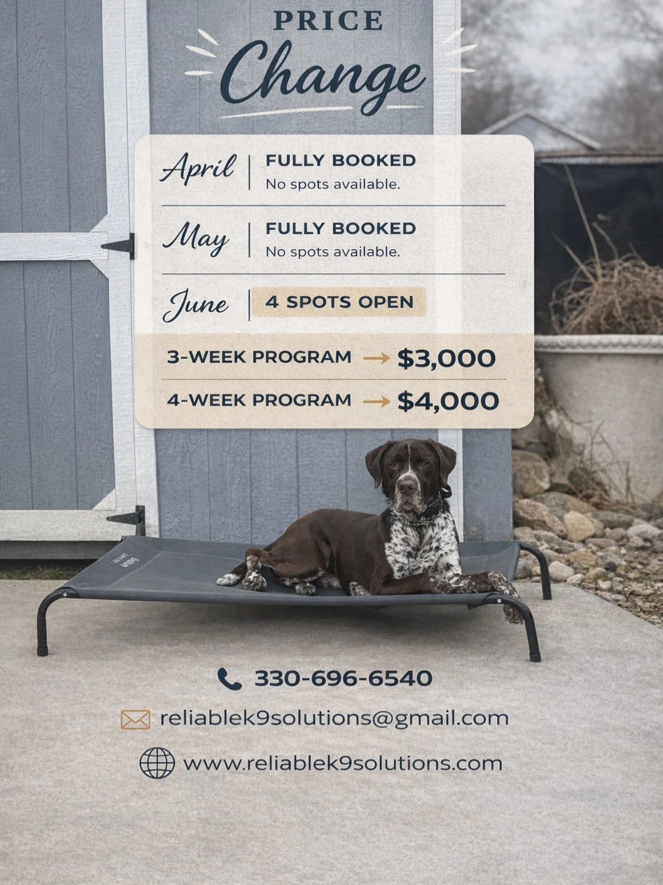 Hello everyone! With the increased popularity and limited availability of our Board and Train programs we are updating our pricing model. Our 3 week program is going from $2,700-$3,000 and our 4 week program is going from $3,000-$4,000.