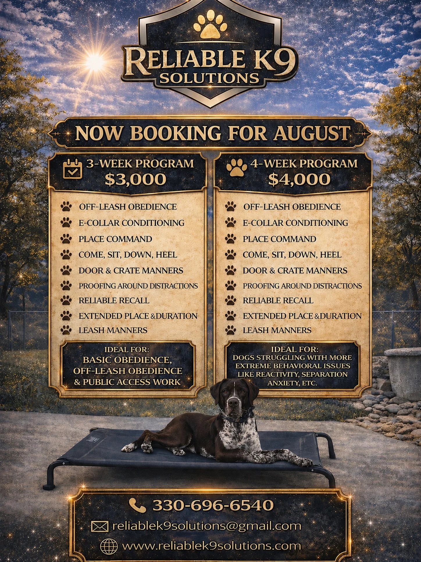 If you have been considering one of our dog training programs, don&rsquo;t hesitate to reach out! We are down to our last 18 openings for the rest of the year! We are currently booking for August.