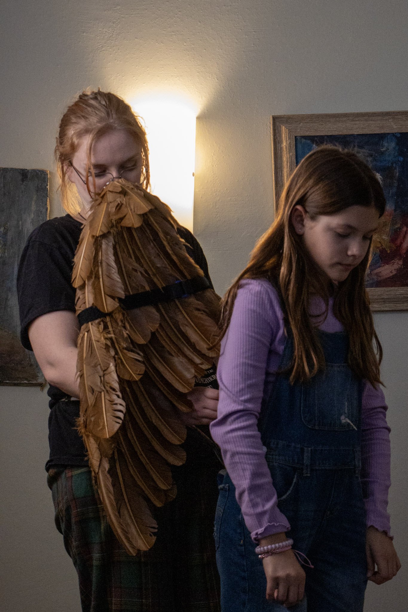 The wings were help up for Angela between takes in order to prevent any back ache or injury