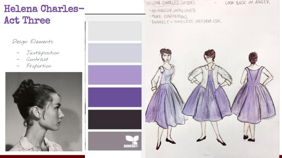 Makeup/Hair look, colour palette and rendering for Helena Charles in Act 3