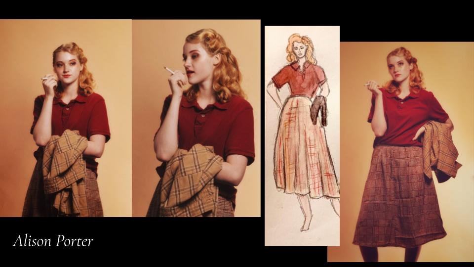 Final Images of model in character wearing the fabricated costume (polo shirt thrifted, skirt made from vintage pattern, hair and makeup done from character reference image)