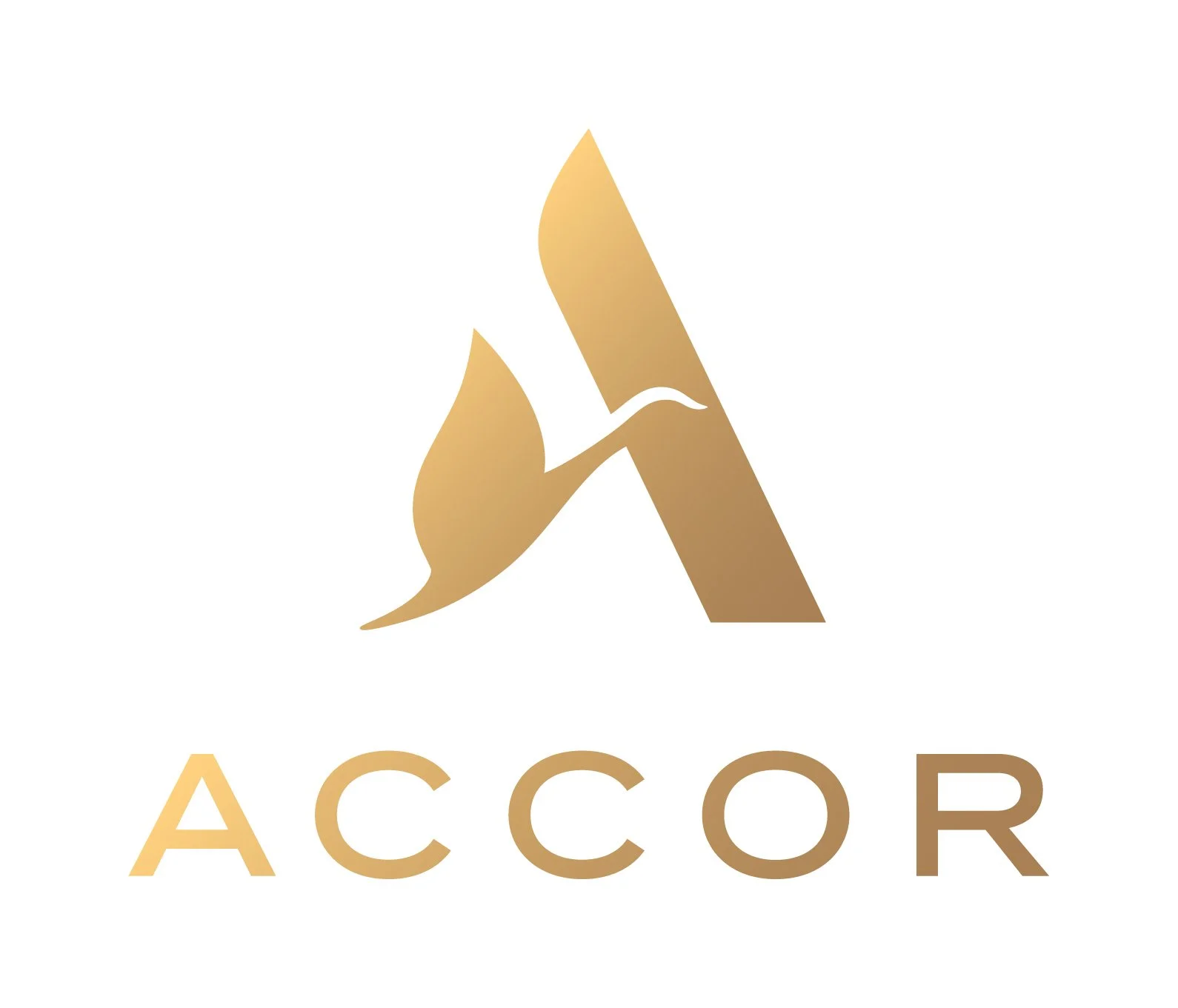 A stylized gold letter A with a swooping line that resembles a bird in flight, alongside the word ACCOR in gold capital letters.