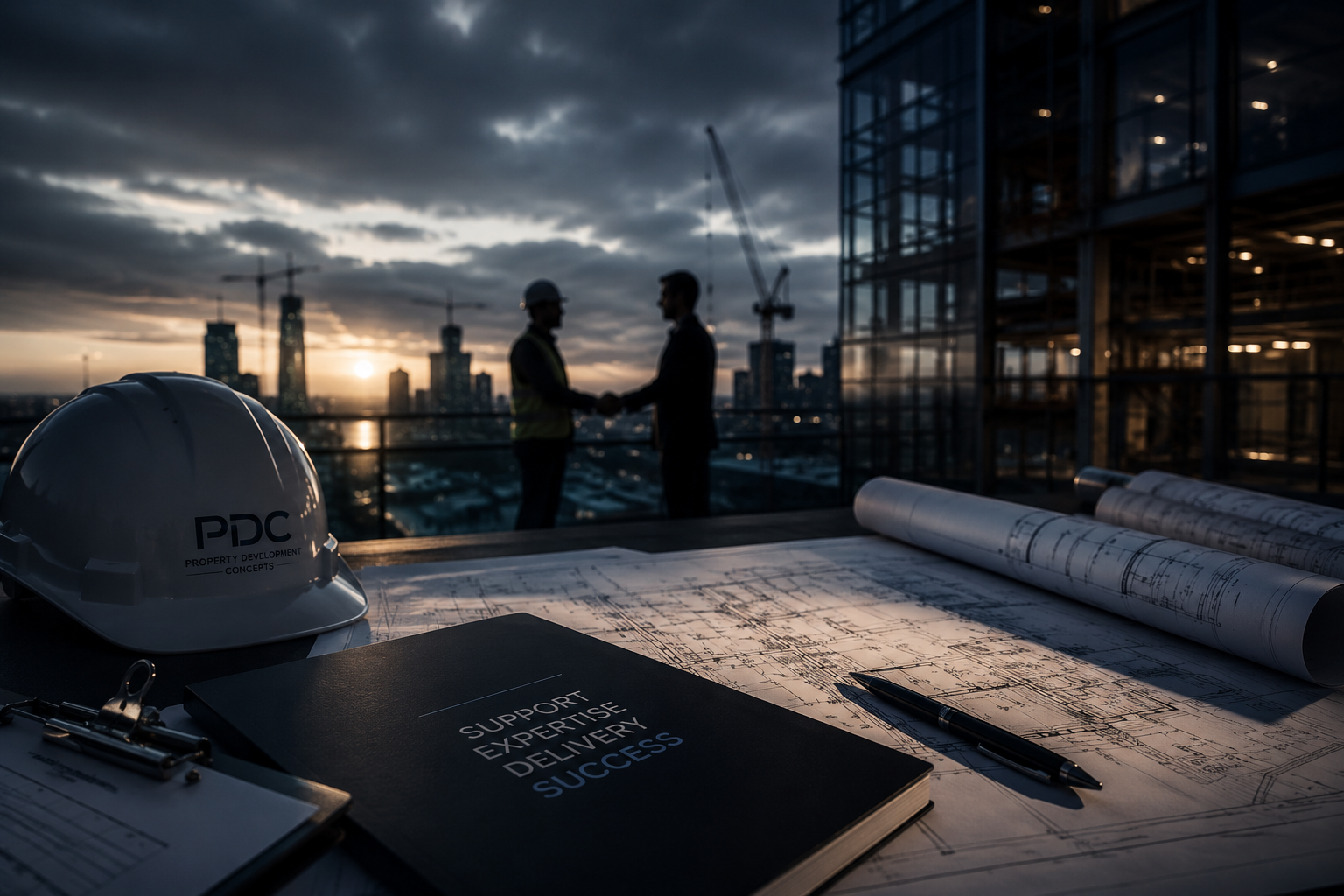 Two construction professionals shaking hands on project site with city skyline