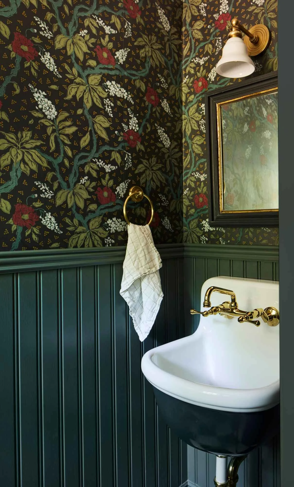 Zak and fox wallpaper and beadboard powder room