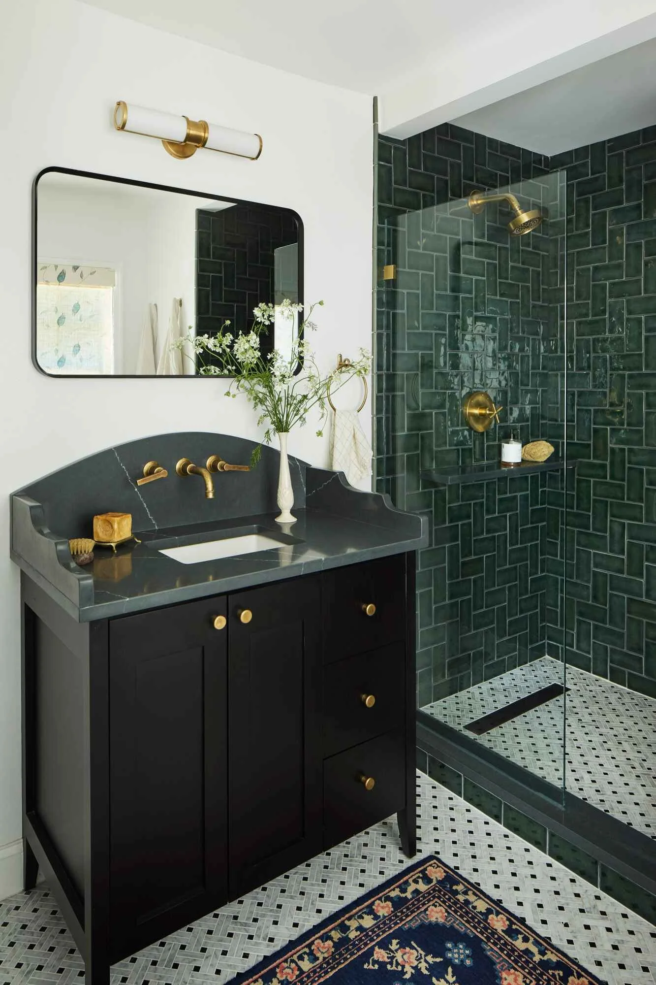 custom bathroom vanity with sculpted back and sidesplash