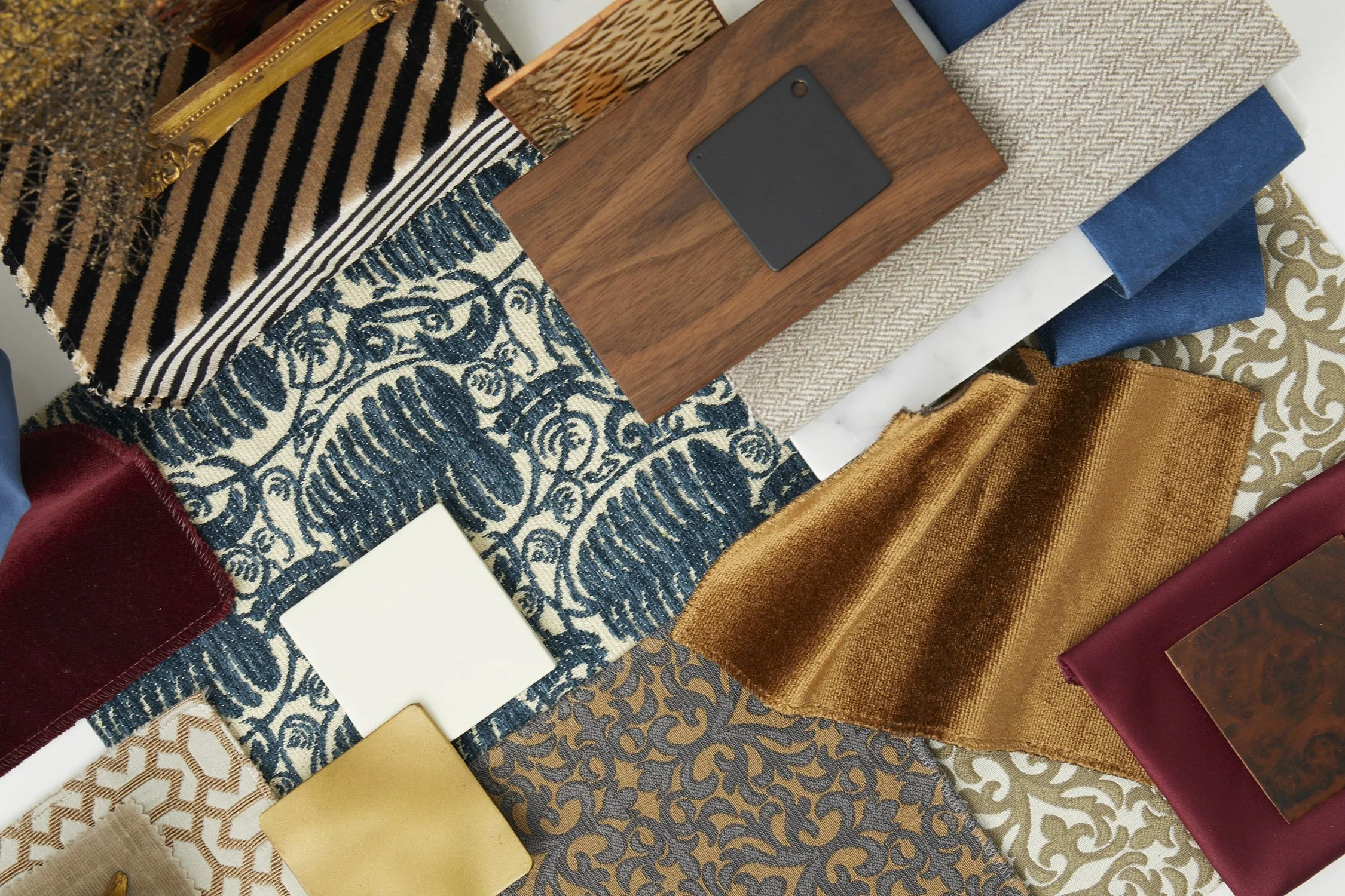 Luxurious material palette of velvet and damasks
