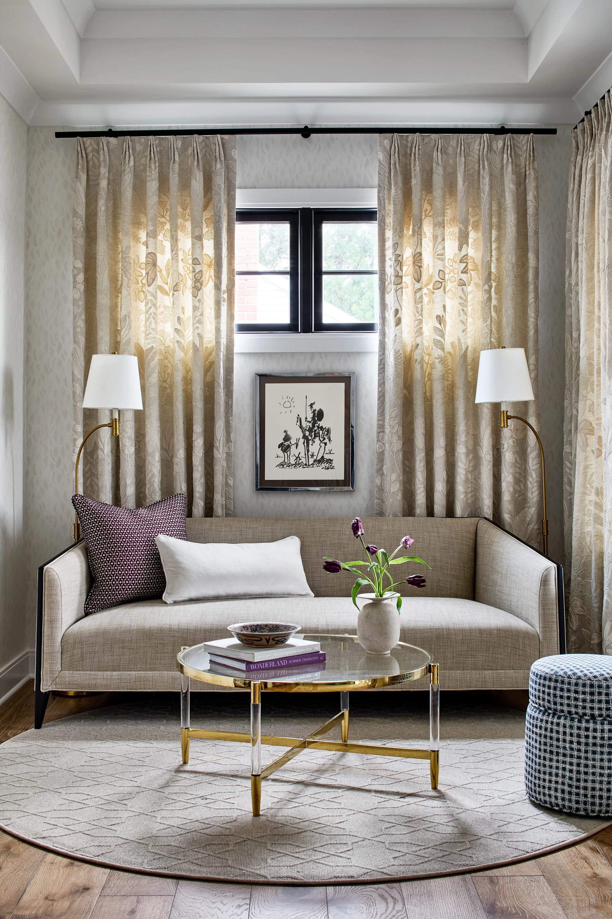 Elegant sitting area with neutral pattern mixing