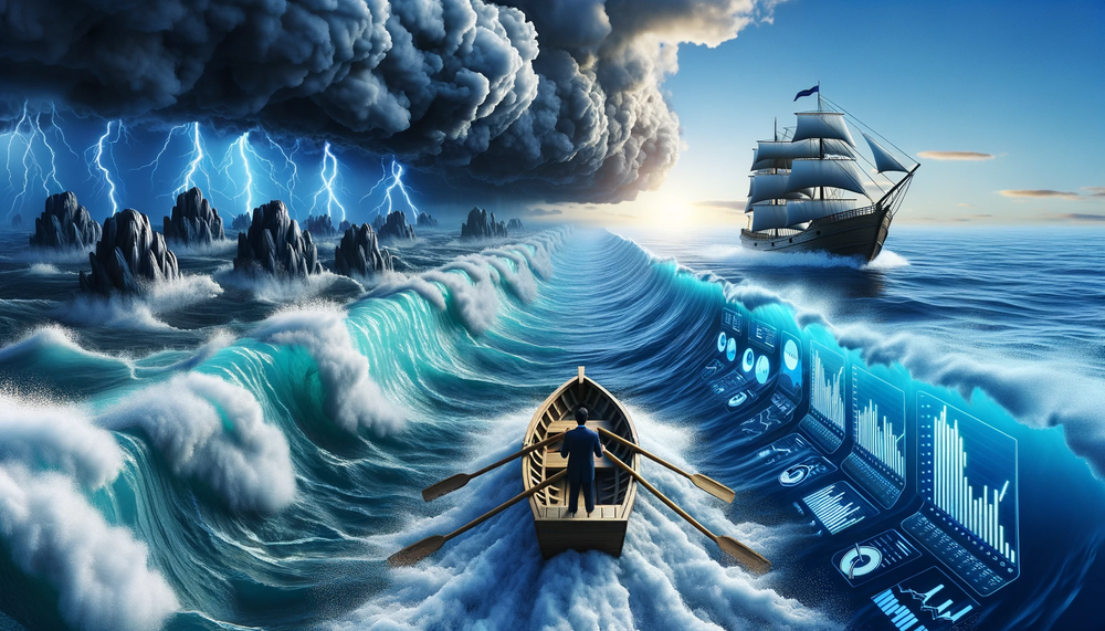 DALL·E 2023-10-04 14.04.50 - Render of a dramatic ocean scene. On one side, turbulent waters threaten a traditional wooden boat with a finance professional trying to keep it afloa.png
