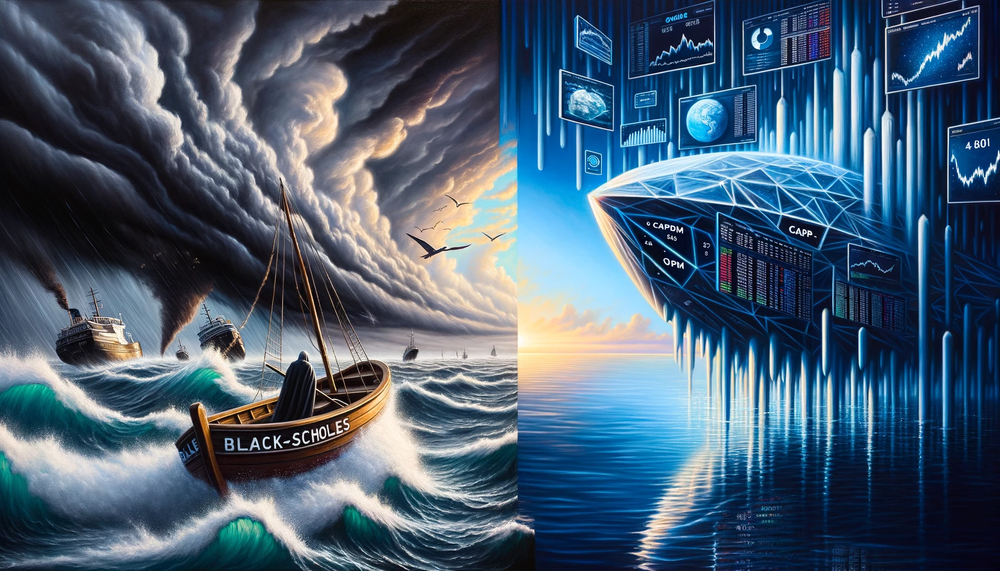 DALL·E 2023-10-04 14.04.51 - Oil painting of a contrasting seascape. On the left, a storm rages, where a finance professional battles the elements on a frail boat labeled with 'Bl.png