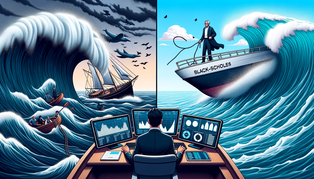 DALL·E 2023-10-04 14.04.49 - Illustration of a divided sea scene. To the left, a finance professional, dressed in classic attire, struggles on a boat that's sinking amidst towerin.png