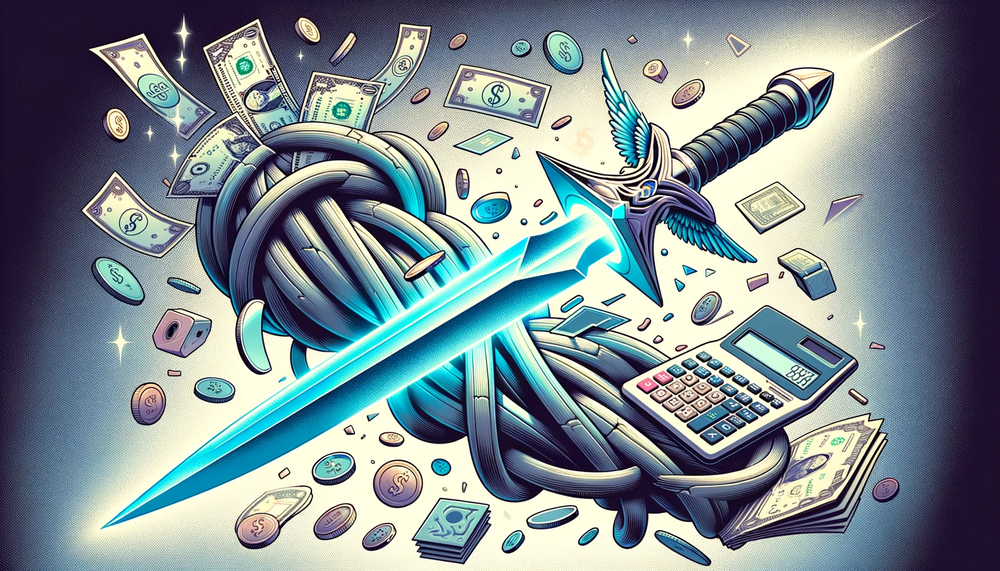 DALL·E 2023-10-04 14.17.23 - Illustration of a futuristic, glowing sword, with a design hinting at advanced technology, smoothly slicing through a tangled mess of old financial ar.png
