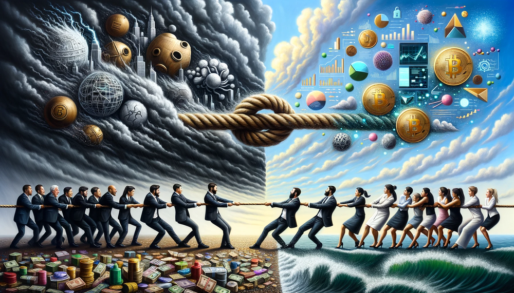 DALL·E 2023-10-04 14.20.58 - Oil painting of a tug of war contest. On a stormy left side, individuals in formal attire strain to pull a rope embedded with old financial artifacts.png