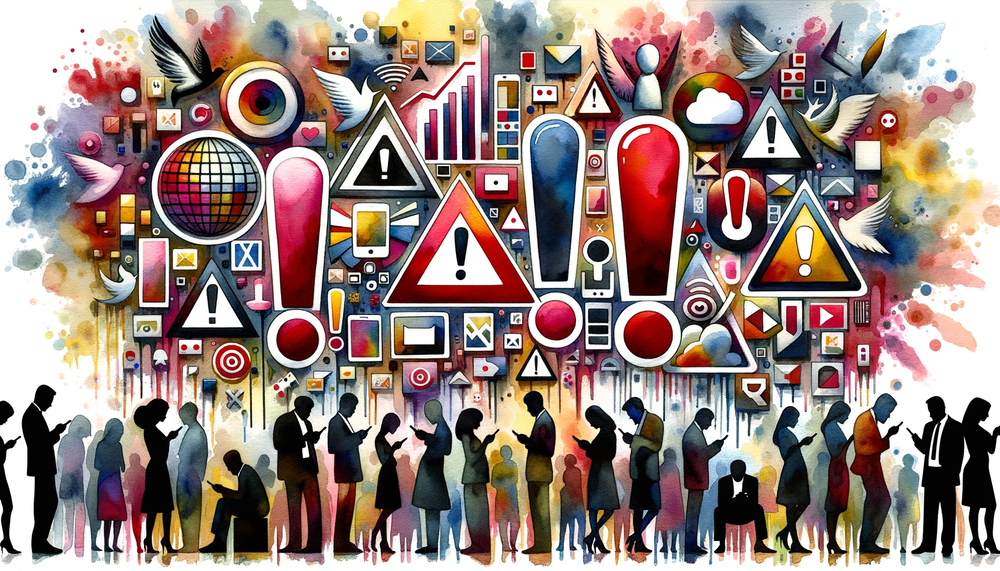 DALL·E 2023-10-04 23.10.50 - Watercolor painting of a montage where several striking symbols, such as alert signs, vibrant exclamation marks, and dramatic graphic designs, dominat.png