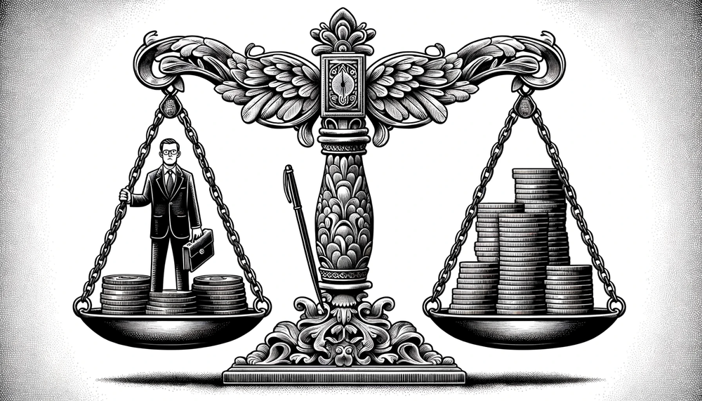 DALL·E 2023-10-04 23.50.14 - Illustration of an ornate scale with intricate designs. On one side, a journalist, dressed in professional attire and holding a pen, stands as a beaco.png