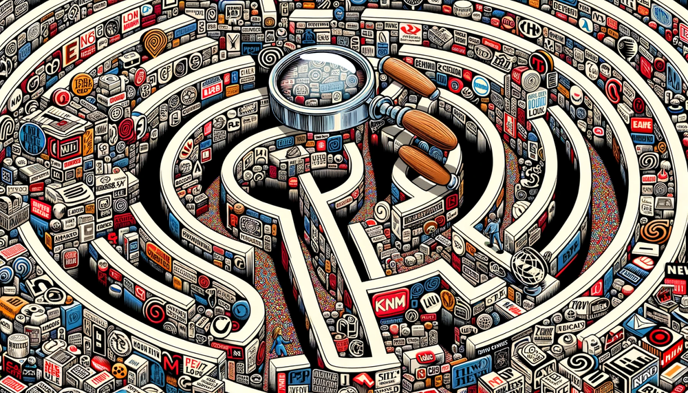 DALL·E 2023-10-04 23.56.48 - Illustration of a detailed collage where media logos of various shapes and sizes come together to form a winding maze. Poised at the entrance is a rea.png